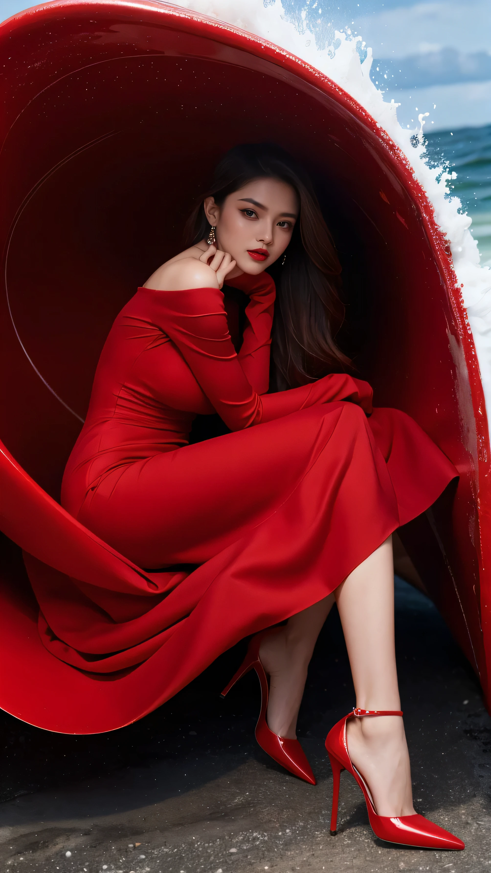 highest quality,masterpiece,Ultra-high resolution,(Actual:1.4),Original photo,Ultra-high resolution，8k，There are women，Fair skin，Exquisite makeup，Big waves of red lips，Red dress，High heels，Long legs，Bright and beautiful