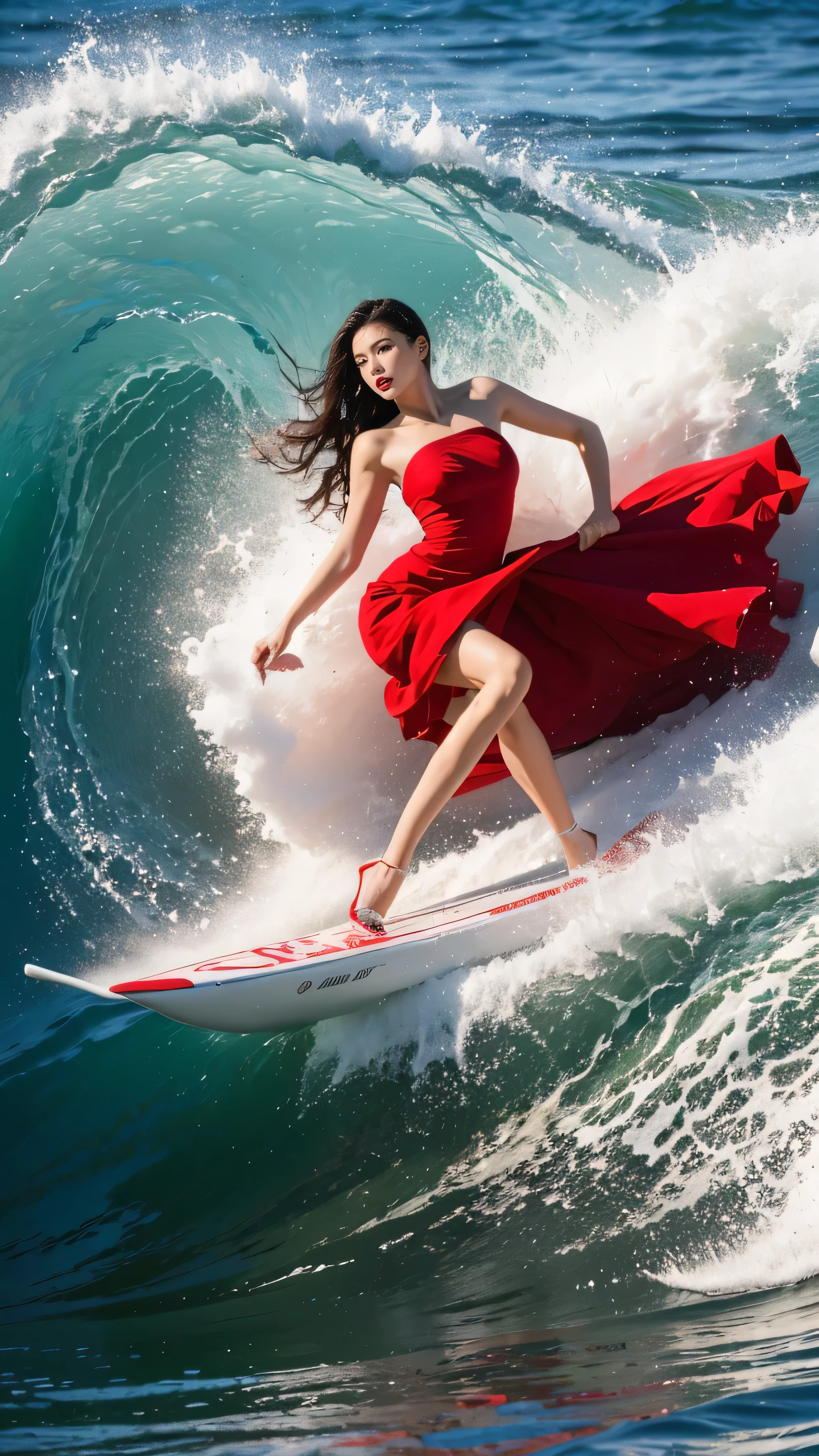 highest quality,masterpiece,Ultra-high resolution,(Actual:1.4),Original photo,Ultra-high resolution,8k,There are women,Fair skin,Exquisite makeup,Big waves of red lips,Red dress,High heels,Long legs,Bright and beautiful