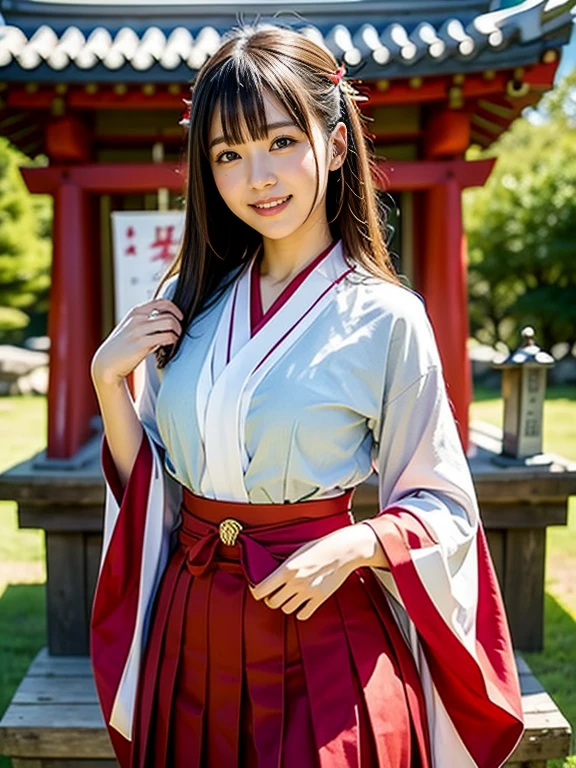 shrine maiden、Crimson too、shrine maiden装束、ceremony、shrine、within the territory、Long Hair、beautiful girl、Clear Skin、Oracle、The chest is slightly open、cowboy shot,shrine maiden outfit,red skirt,smile、