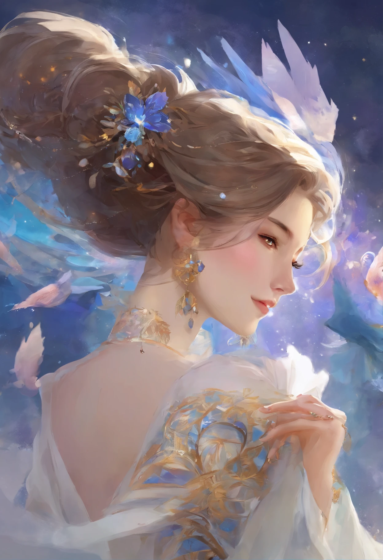 Ambiguity and elegance, Model, Need high contrast, jewelry, earrings, miniskirt, shirt, jacket, Brown hair, White shirt, A bracelet, Hair Bun, single Hair Bun, Long skirt, Shut up, 环形earrings, blue jacket, Roll up your sleeves, Revealing clothes, cosmetic, White skirt
