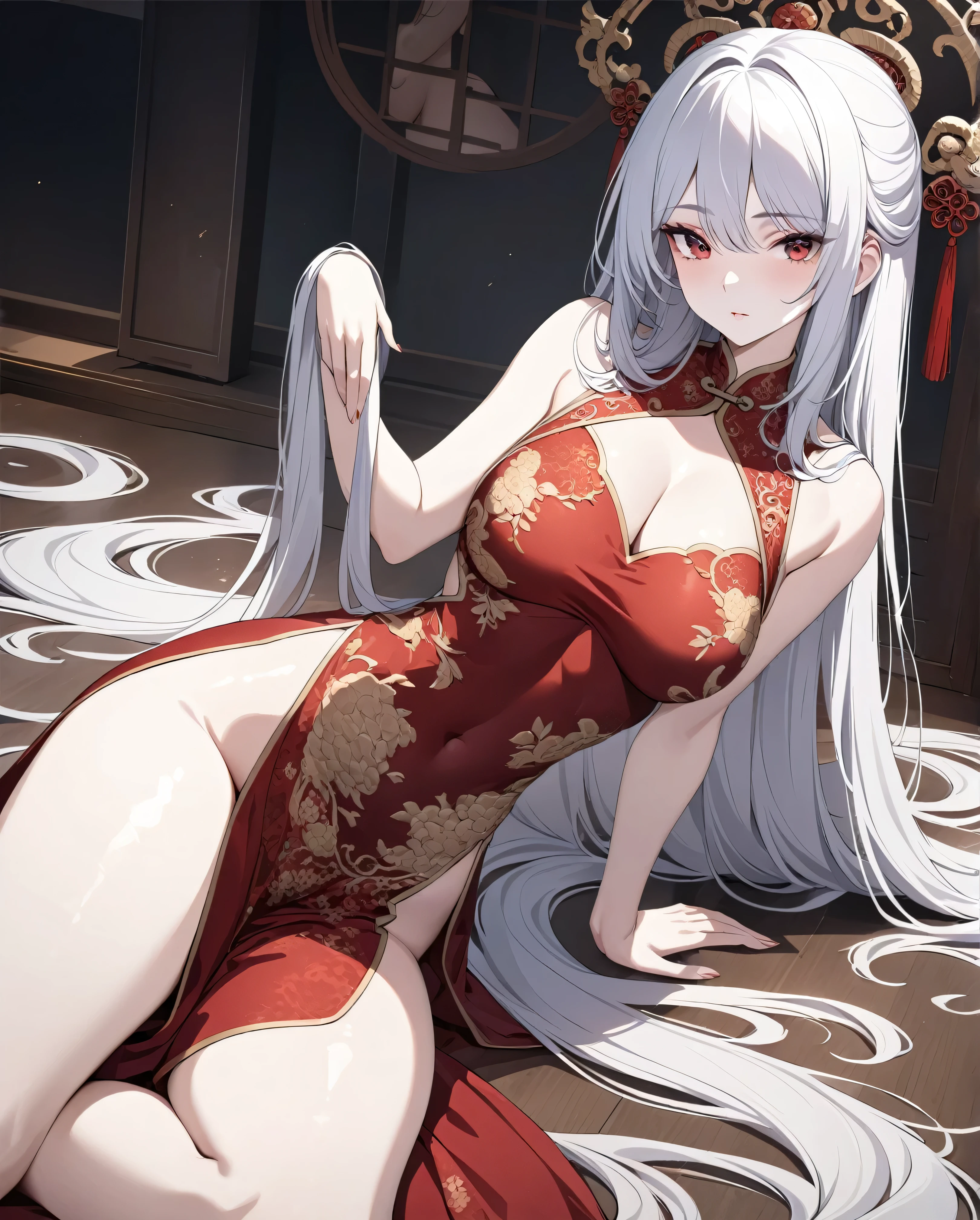 unparalleled masterpiece, ultra realistic 8k CG, perfect artwork, ((perfect female figure)), white hair, red eyes, mature female, milf, narrow waist, chinese deity, looking at viewer, seductive posture, sexy pose, alluring, clean, beautiful face, pure face, pale skin, absurdly long hair, shiny skin, skindentation,delicate pattern, intricate detail, (rich:1.4), (extremely detailed 8K chinese long embroidery silkrobe and silk long clothes and dress:1.2),slim body