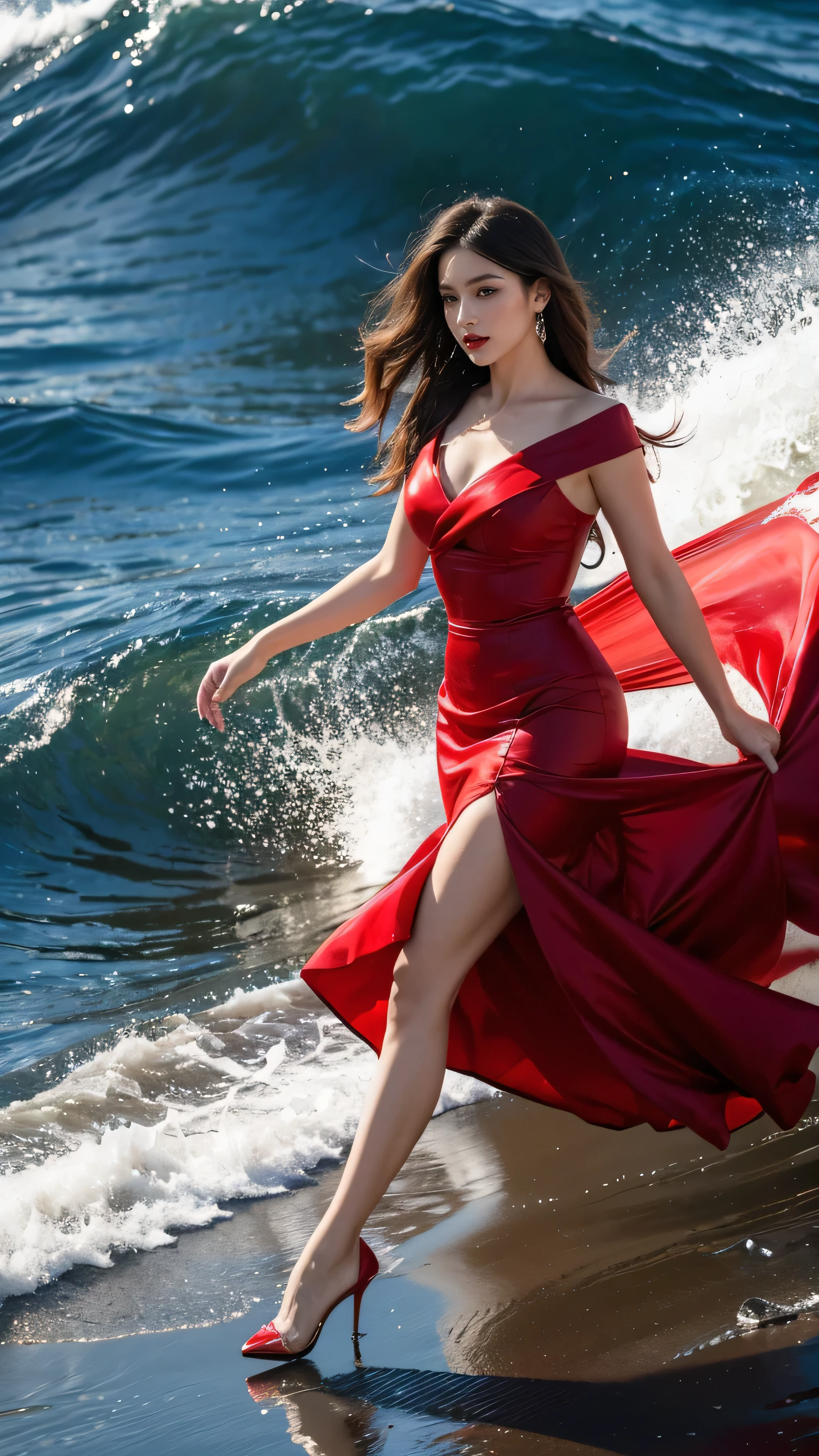 highest quality,masterpiece,Ultra-high resolution,(Actual:1.4),Original photo,Ultra-high resolution，8k，There are women，Fair skin，Exquisite makeup，Big waves of red lips，Red dress，High heels，Long legs，Bright and beautiful