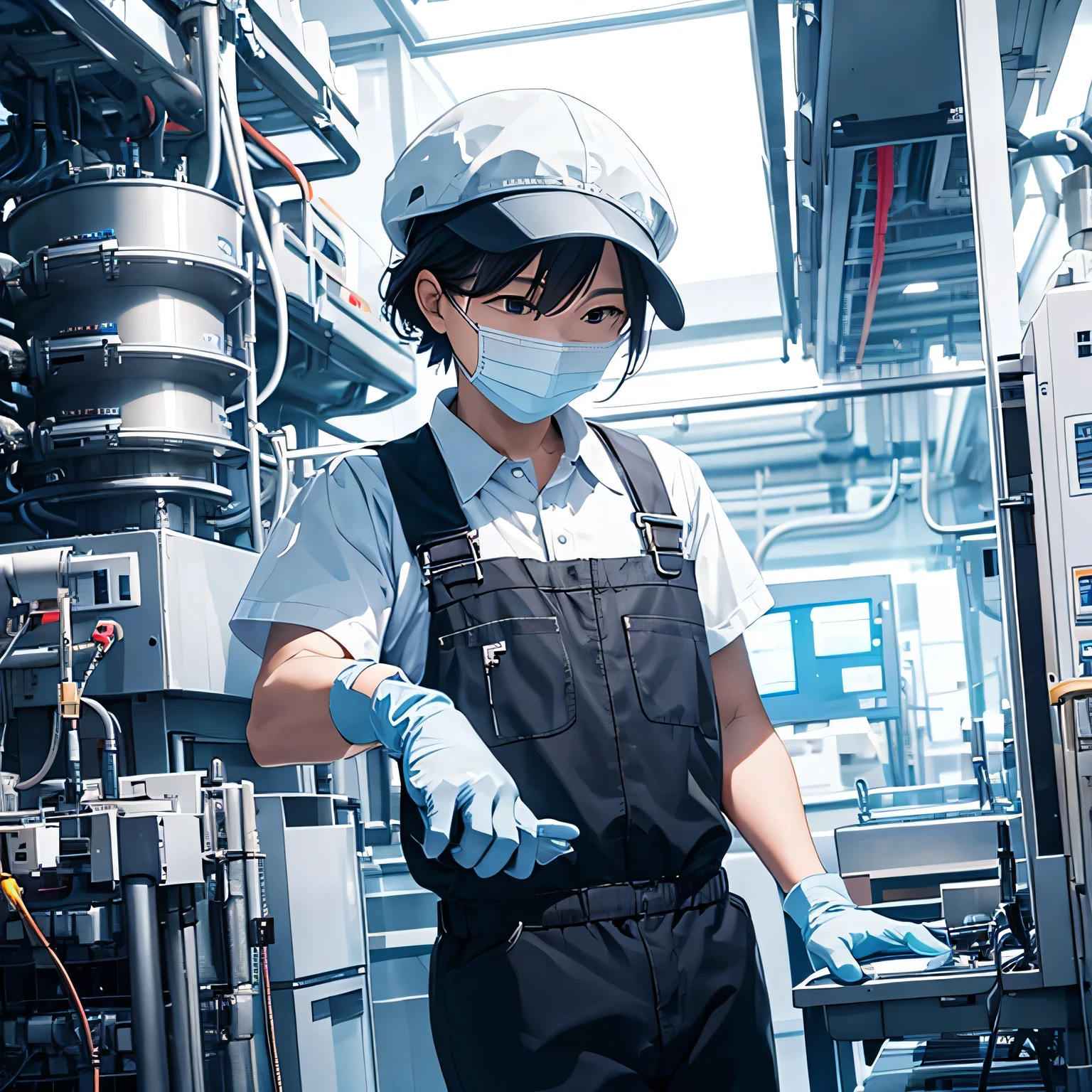 A worker wearing gloves and a hat works in a semiconductor manufacturing plant