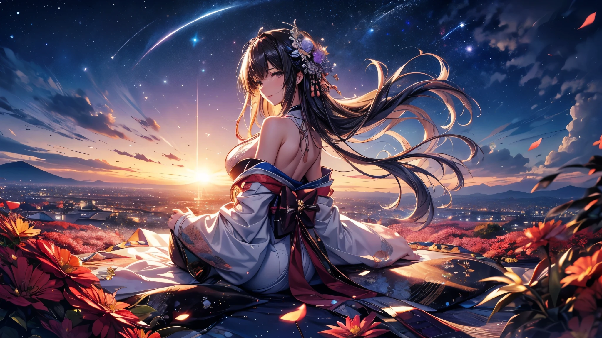  Ultra-delicate, Clear focus, (high resolution), Deformed depth of field blurred background, Detailed background, Perfect layer cutting, Atmospheric distance sense, artistic, (full-body shot/Cowboy shooting/Rear view/Top view/Top view), 8K, wallpaper, Micro light, complicated, familiar, black magician, particle, constellation, Stardust, universe, ((flower)), comfortable peace, peaceful, Japan, Himiko, kimono, With crystal, Fortune Telling, time and space,