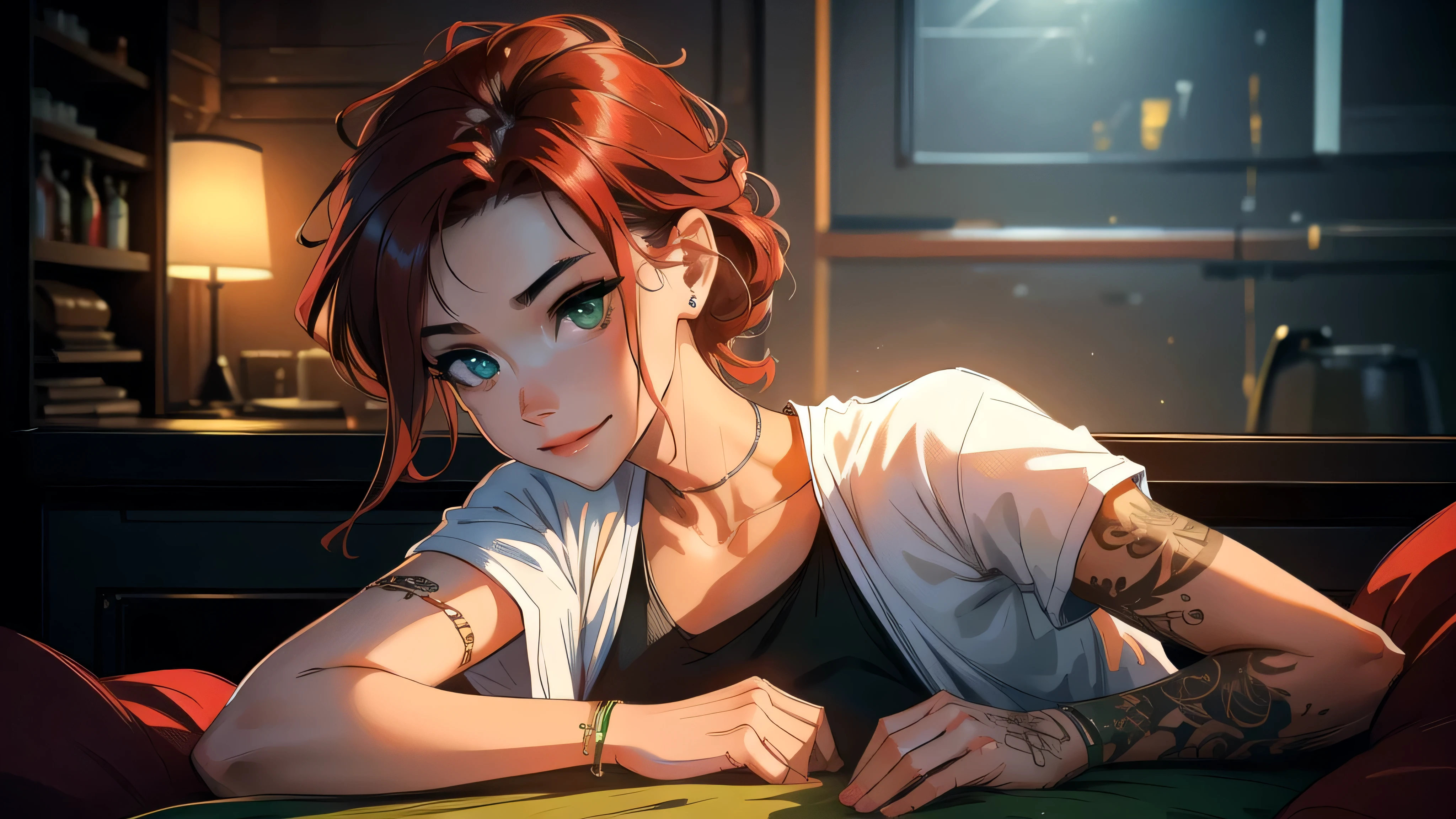 high resolution, Soft light,1womanl, Solo, Hips up, (Detailed face),tattoo, jewelry, t-shirt with rough chest, Beautiful soldiers, Grab the audience's eye, Lover's perspective, Invitation expression, Sexy smile, Perfect style, Perfect balance, Detailed skin, mischievous gaze, chest visible,red hair ,green eyes