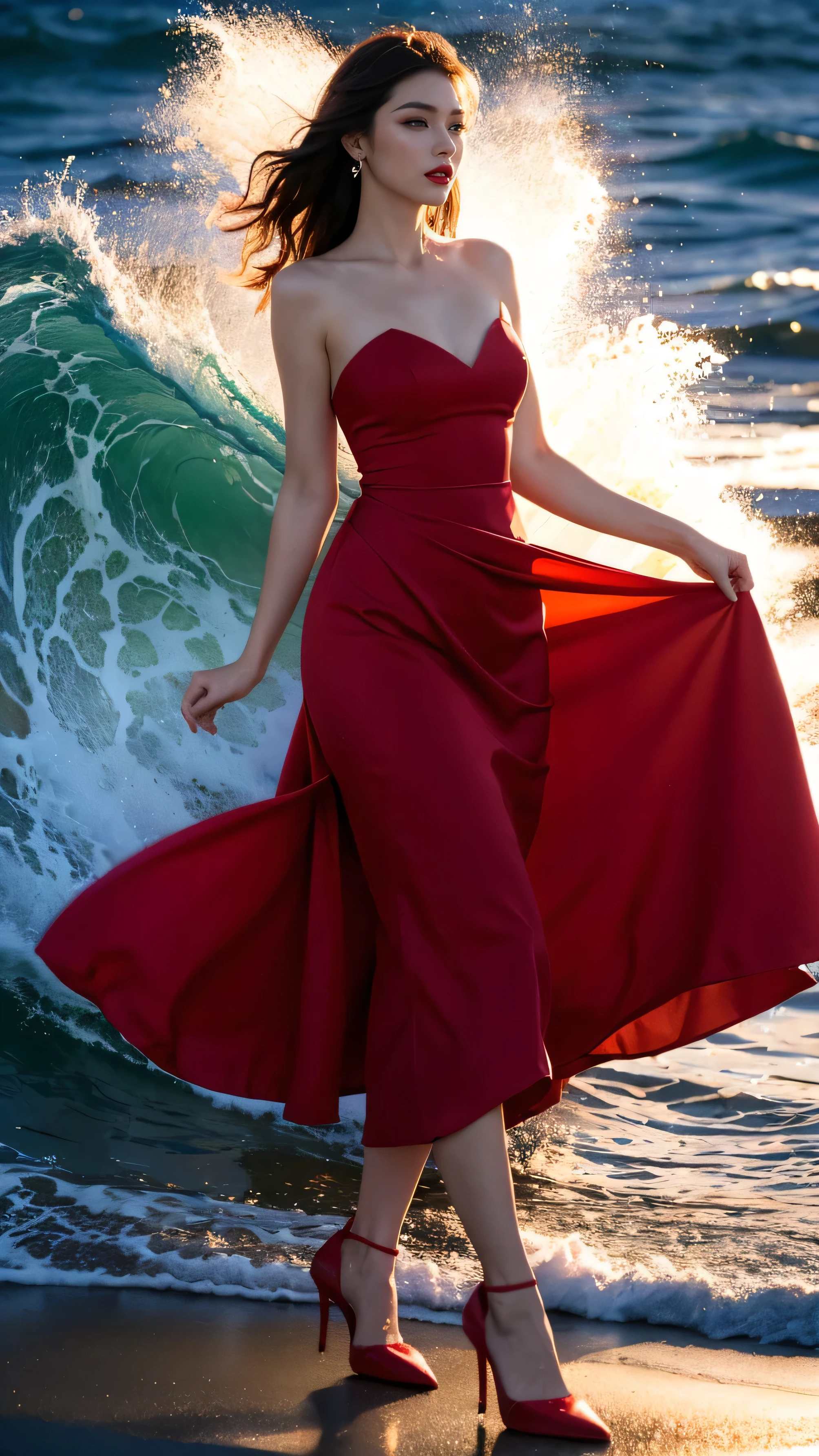 highest quality,masterpiece,Ultra-high resolution,(Actual:1.4),Original photo,Ultra-high resolution,8k,There are women,Fair skin,Exquisite makeup,Big waves of red lips,Red dress,High heels,Long legs,Bright and beautiful