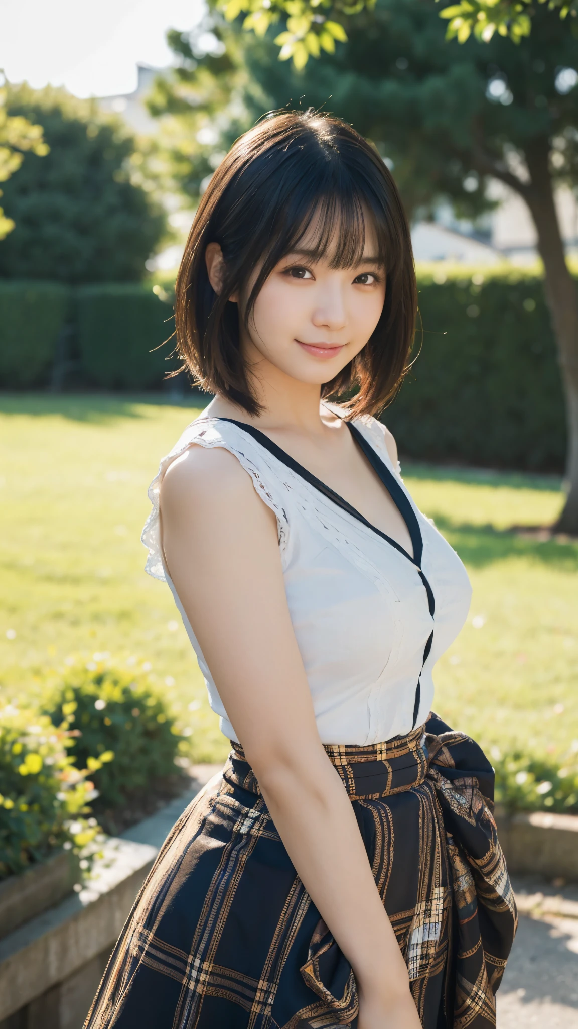 (highest quality,masterpiece:1.3,Ultra-high resolution),(Super detailed,Caustics,8k),(Photorealistic:1.4,RAW shooting),Japanese,23 years old,cute,Are standing,(Smiling and looking at the camera),Black Hair Middle Hair,Big Breasts,White blouse,Knee-length skirt,Street,Low - Angle,Cowboy Shot,Face Focus,Face close up,Soft sunlight,Natural light