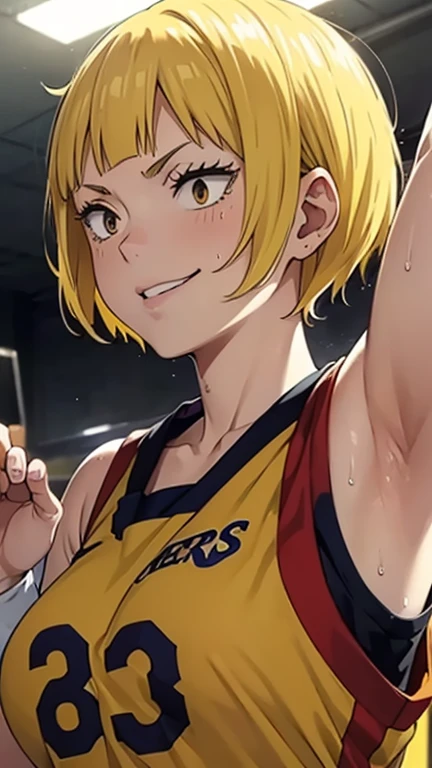 a close up of a person wearing a basketball uniform, a picture, inspired by Kentaro Miura, trending on pixiv, Saeko Tanaka, Haikyuu, yellow hair, short hair, wearing yellow nba jersey, yellow croptop nba jersey, wearing a low cut croptop, wearing croptop, croptop, written "Lakers" on the croptop, golden raito, (winking), shirobako, large)}], favorite scene, fine details. anime. skins, sweating, big breasts, both hands raised, armpits, armpits visible, dripping with sweat, more more sweat, sweaty armpits, smile