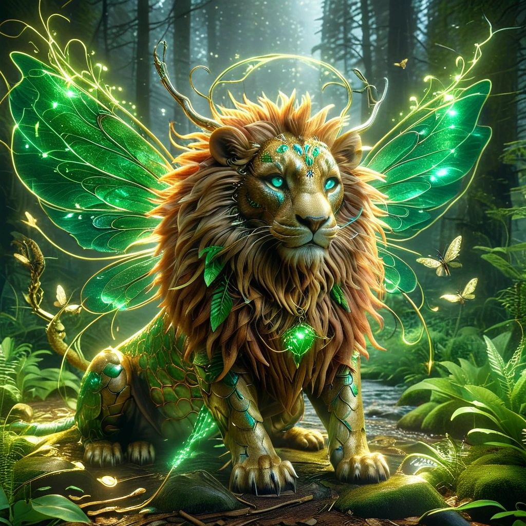 A fantastic, imaginary creature named Liom. This creature has the body of a lion, but instead of fur, its body is covered in luscious green leaves. It has a pair of dragonfly wings and can shine bright like a light bulb when it's dark. Its eyes are as clear as crystal balls, reflecting anything that is in front of it. Its roar sounds like the mixture of a lion's roar and the melodies of a beautiful song. It spends most of its time wandering around in deep forests, bathed in the glow of the forest under the shimmering moonlight.