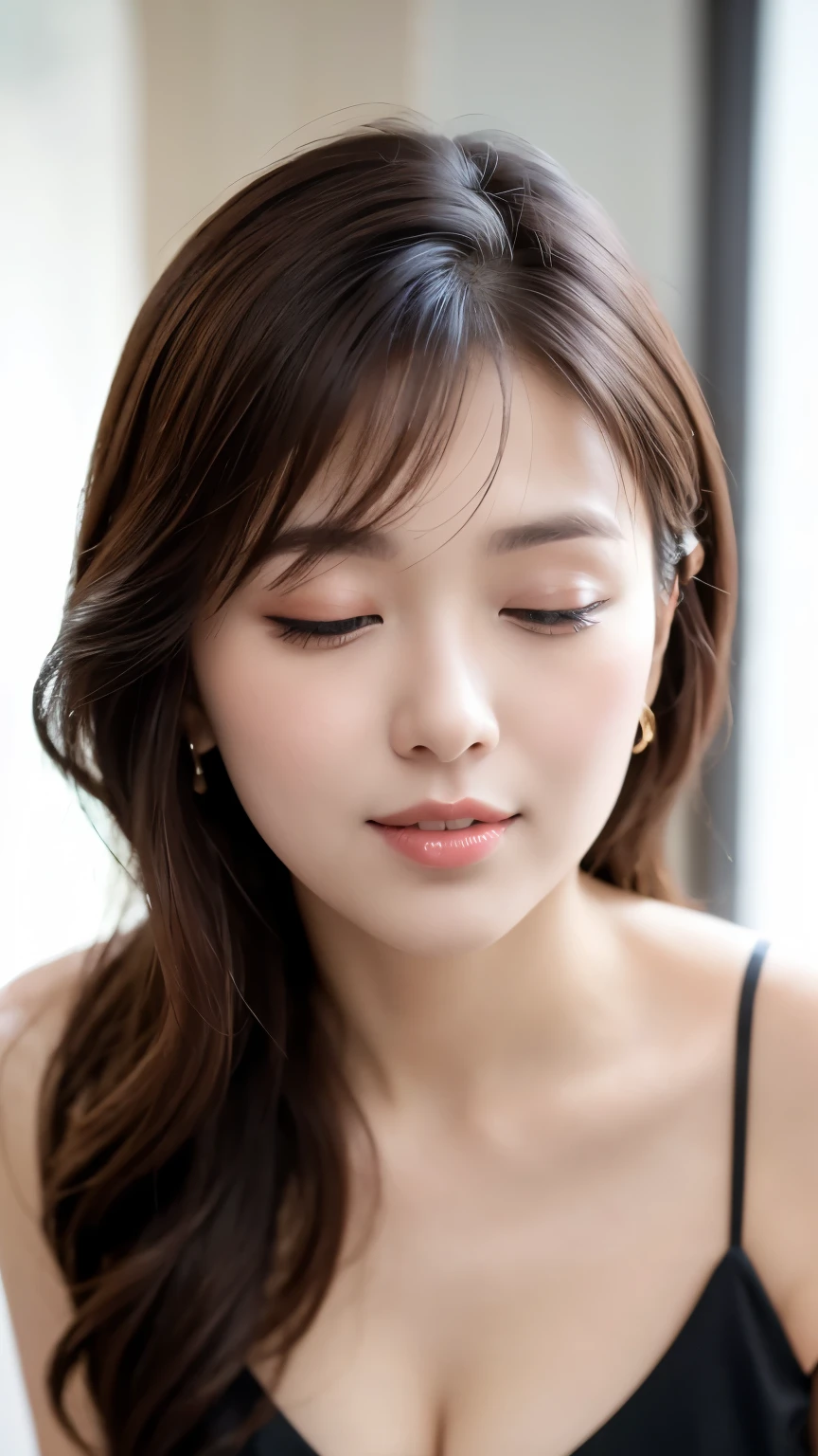 ulzzang-6500-v1.1, (RAW Photos:1.2), (Photorealistic), (Genuine:1.4), (Mastepiece), masterpiece, Absurd, The finer details, High resolution, Highly detailed face and eyes, Photorealistic, (Random Porn Pose),(Random Hairstyles), One girl, Black Hair, smile, View your viewers, Adult, Fully mature, wearing a see-through nightgown、Close your eyes and wait for a kiss、Full Body Shot:1.2