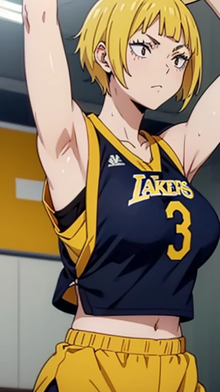 a close up of a person wearing a basketball uniform, a picture, inspired by Kentaro Miura, trending on pixiv, Saeko Tanaka, Haikyuu, yellow hair, short hair, wearing yellow nba jersey, yellow croptop nba jersey, wearing a low cut croptop, wearing croptop, croptop, written "Lakers" on the croptop, golden raito, (winking), shirobako, large)}], favorite scene, fine details. anime. skins, sweating, big breasts, both hands raised, armpits, armpits visible, dripping with sweat, more more sweat, sweaty armpits.