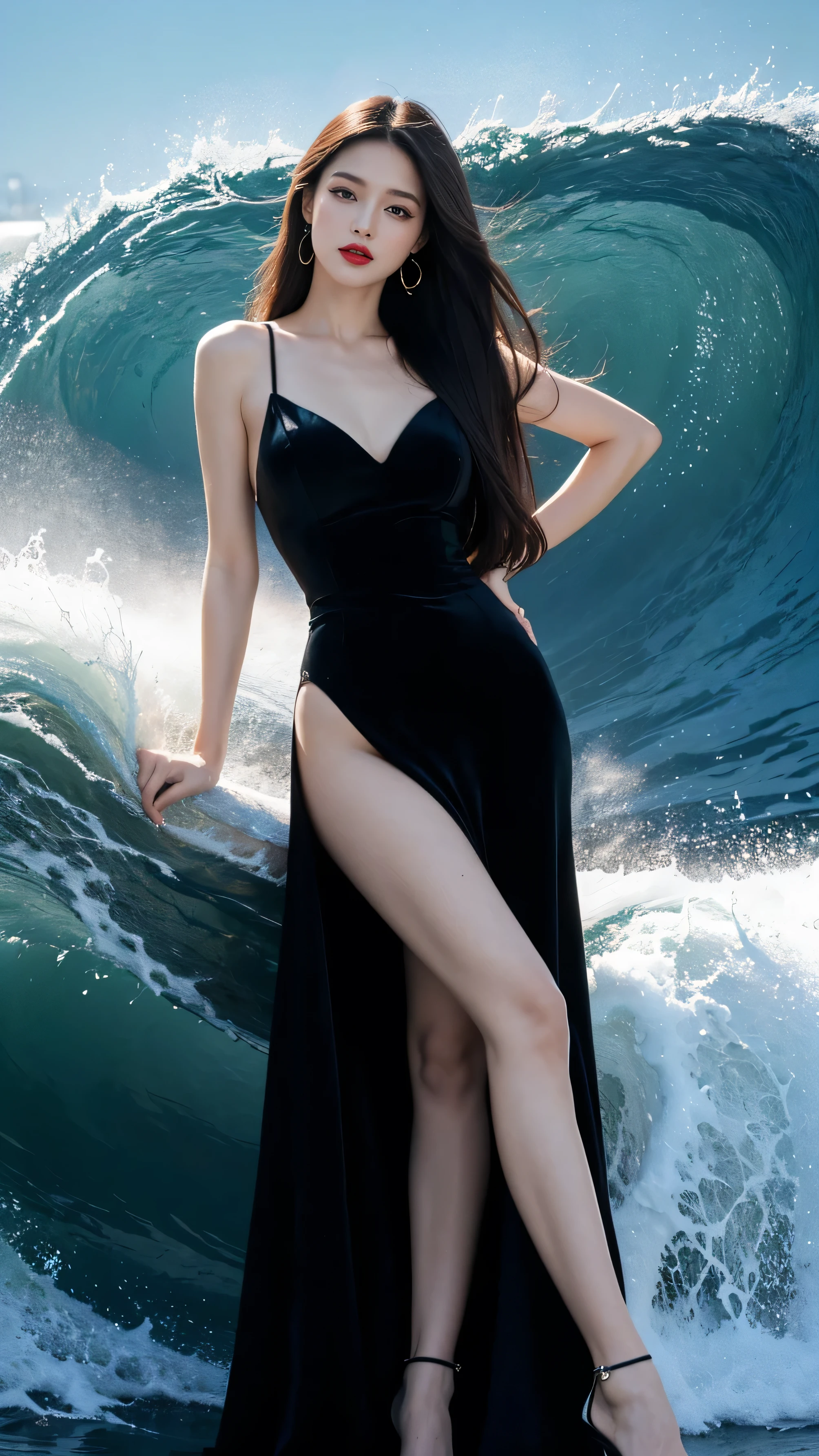 highest quality,masterpiece,Ultra-high resolution,(Actual:1.4),Original photo,Ultra-high resolution，8k，There are women，Fair skin，Exquisite makeup，Big waves of red lips，Black Dress，High heels，Long legs，Bright and beautiful、Long straight hair_Hair reaching down to the waist
