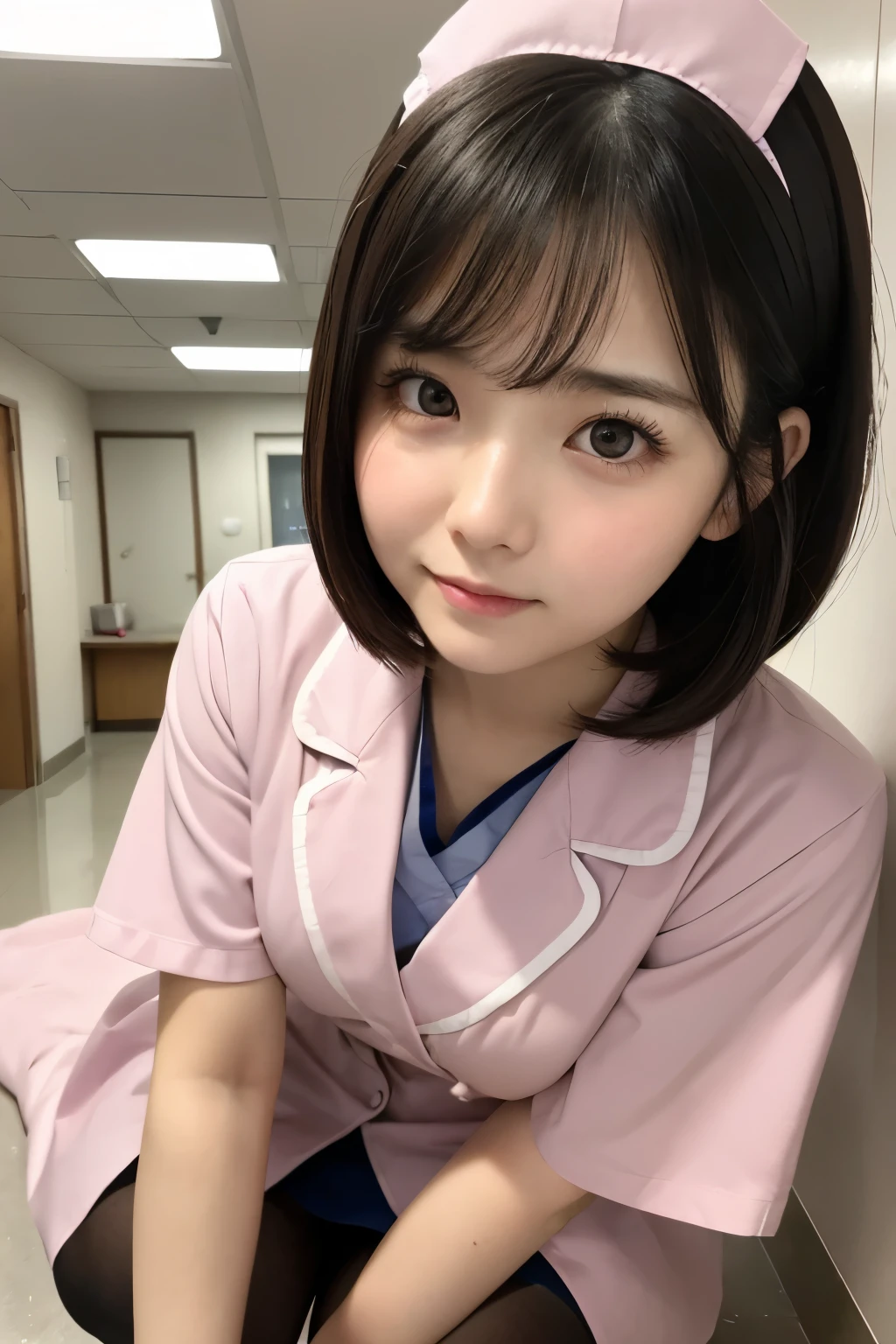 (1 Girl)、(Beautiful Japanese、18years old,round face、Refreshing、clear、seems kind、stylish、Pitiful、cute like an angel、cute、black eyes、,actress,Almond-shaped eyes), Good style , (Beautiful big breasts:1.2),(soft breasts),(very cute),(Black hair),(short bob hair),(enchanting eyes),(highlight on eyes:1.2)、(8K、Live shooting、highest quality、masterpiece:1.2、optimal lighting)、((masterpiece)),(Photo taken by a professional photographer),(real、photo real:1.4),break,{ (pink nurse costume),(((taraditional nurse uniform))),(pink nurse mini skirt),(( pantyhose)),(cleavage:0.7)},(Shy:1.4),(tears:1.4),(cheeks are red:1.2), break, break,Hospital,Face shot:1.3、Hospital corridor、Looking at viewer, face close-up,from below,squatting