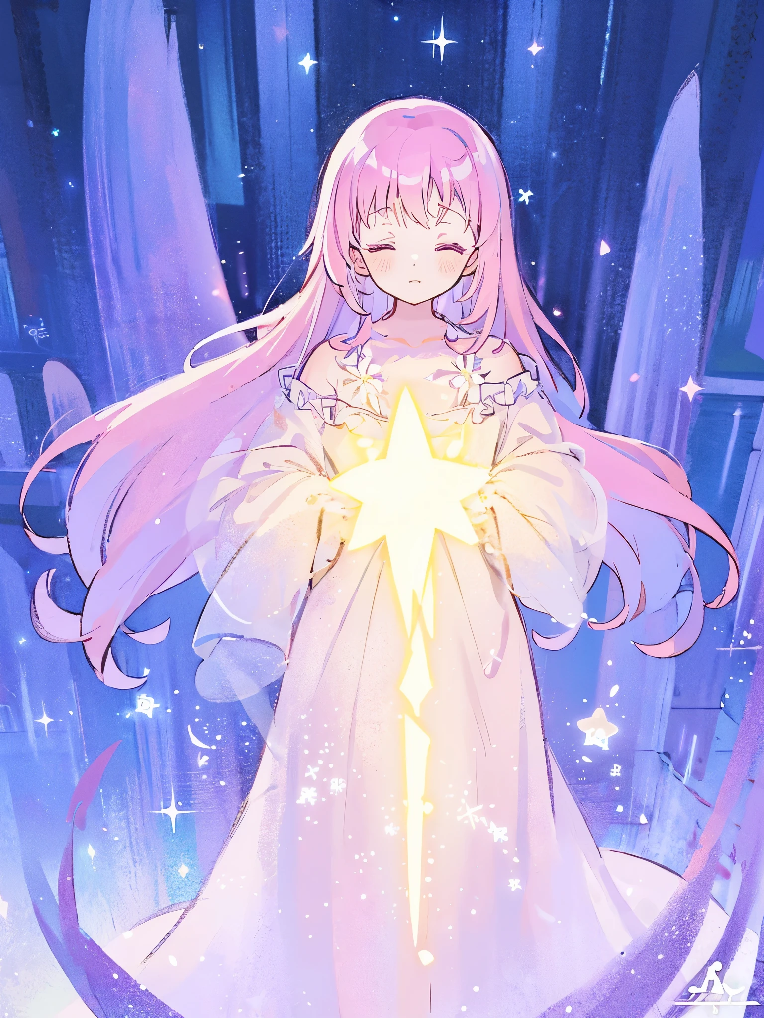complex background, wishing star background, a woman wearing an ethereal mystical pink translucent dress that reflects the stars, perfume promo art, mystic, complex drawing, highly detailed, Covergirl brand, promo art, artistic rendition, ethereal, starry night, midjourney style