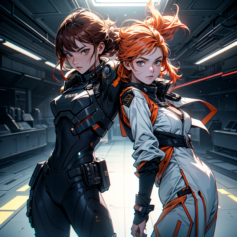 1 beautiful ginger women, with meticulously detailed bodies, clad in intricately designed space pirate attire. Their long foam pants and puffy jackets sway gently in the wind. Above their heads, an array of IPA Awards gleam, signifying their masterpiece status in the art world. Permanent lighting bathes their forms in a stunning, chromatic aberration, enhancing every curve and texture. The gritty foam on their ternos adds an element of excitement and energy. Ambient occlusion plays with shadows, creating depth and contrast. Lights flicker, casting sharp focus and contrast onto their faces, highlighting their features distinctly.Better backlight adds drama