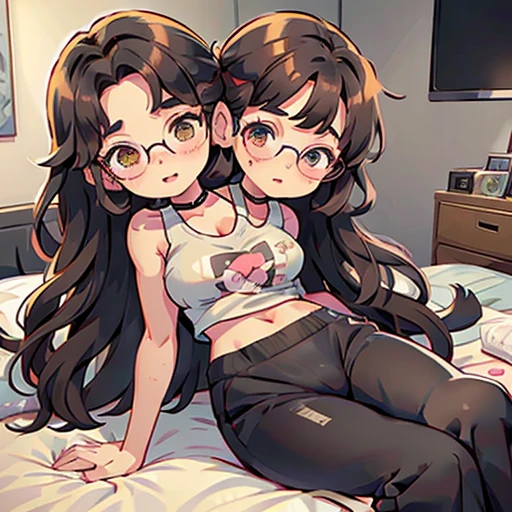 A photo of a two headed 110 pound trans girl with dark brown hair with a bright red streak in the hair on both heads. She is Italian with a large nose. She has small uneven breasts. Both of her two heads wear glasses. She is wearing black sweatpants and a black tank top. She wears a black choker with the name Kitty on it. She has tattoos on her arms. She is laying on bed awkwardly touching her large penis bulge under her sweatpants as her other head is embarrassed about having male genitalia.