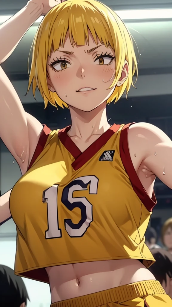 a close up of a person wearing a basketball uniform, a picture, inspired by Kentaro Miura, trending on pixiv, Saeko Tanaka, Haikyuu, yellow hair, short hair, wearing yellow nba jersey, yellow croptop nba jersey, wearing a low cut croptop, wearing croptop, croptop, written "Lakers" on the croptop, golden raito, (winking), shirobako, large)}], favorite scene, fine details. anime. skins, sweating, big breasts, both hands raised, armpits, armpits visible, dripping with sweat, more more sweat, sweaty armpits.