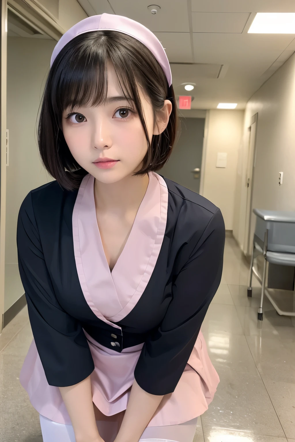 (1 Girl)、(Beautiful Japanese、18years old,round face、Refreshing、clear、seems kind、stylish、Pitiful、cute like an angel、cute、black eyes、,actress,Almond-shaped eyes), Good style , (Beautiful big breasts:1.0),(soft breasts),(very cute),(Black hair),(short bob hair),(enchanting eyes),(highlight on eyes:1.2)、(8K、Live shooting、highest quality、masterpiece:1.2、optimal lighting)、((masterpiece)),(Photo taken by a professional photographer),(real、photo real:1.4),break,{ (pink nurse costume),(((taraditional nurse uniform))),(pink nurse mini skirt),(( pantyhose)),(cleavage:0.7)},(Shy:1.3),(tears:1.4),(cheeks are red:1.2), break, break,Hospital,Face shot:1.3、Hospital corridor、Looking at viewer, face close-up,from below,squatting