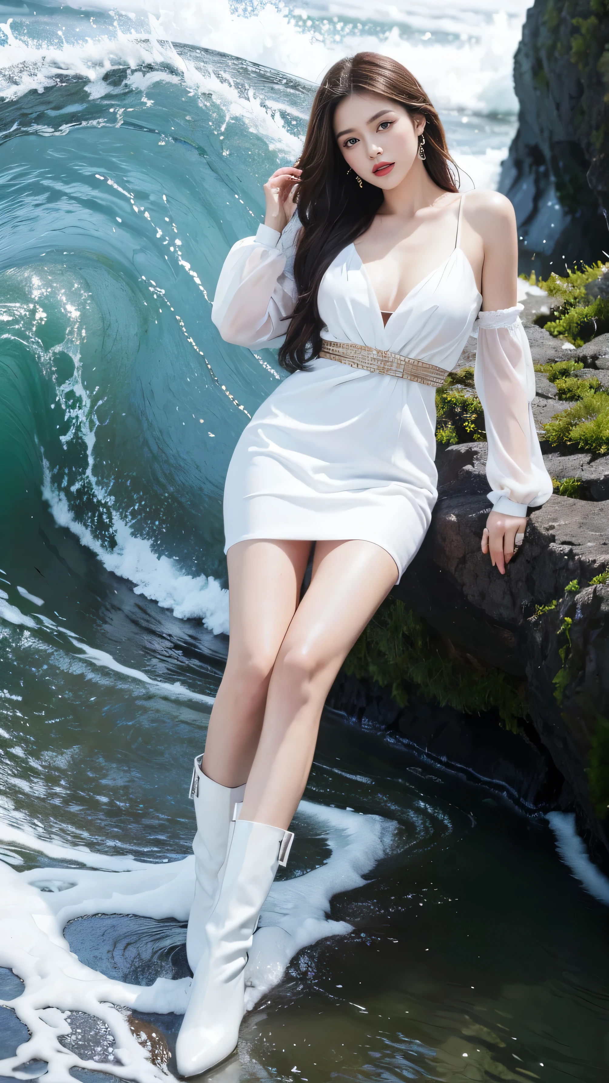 highest quality,masterpiece,Ultra-high resolution,(Actual:1.4),Original photo,Ultra-high resolution,8k,There are women,Fair skin,Exquisite makeup,Big waves of red lips,White Dress,White boots,Long legs,Bright and beautiful、Long straight hair_Hair reaching down to the waist