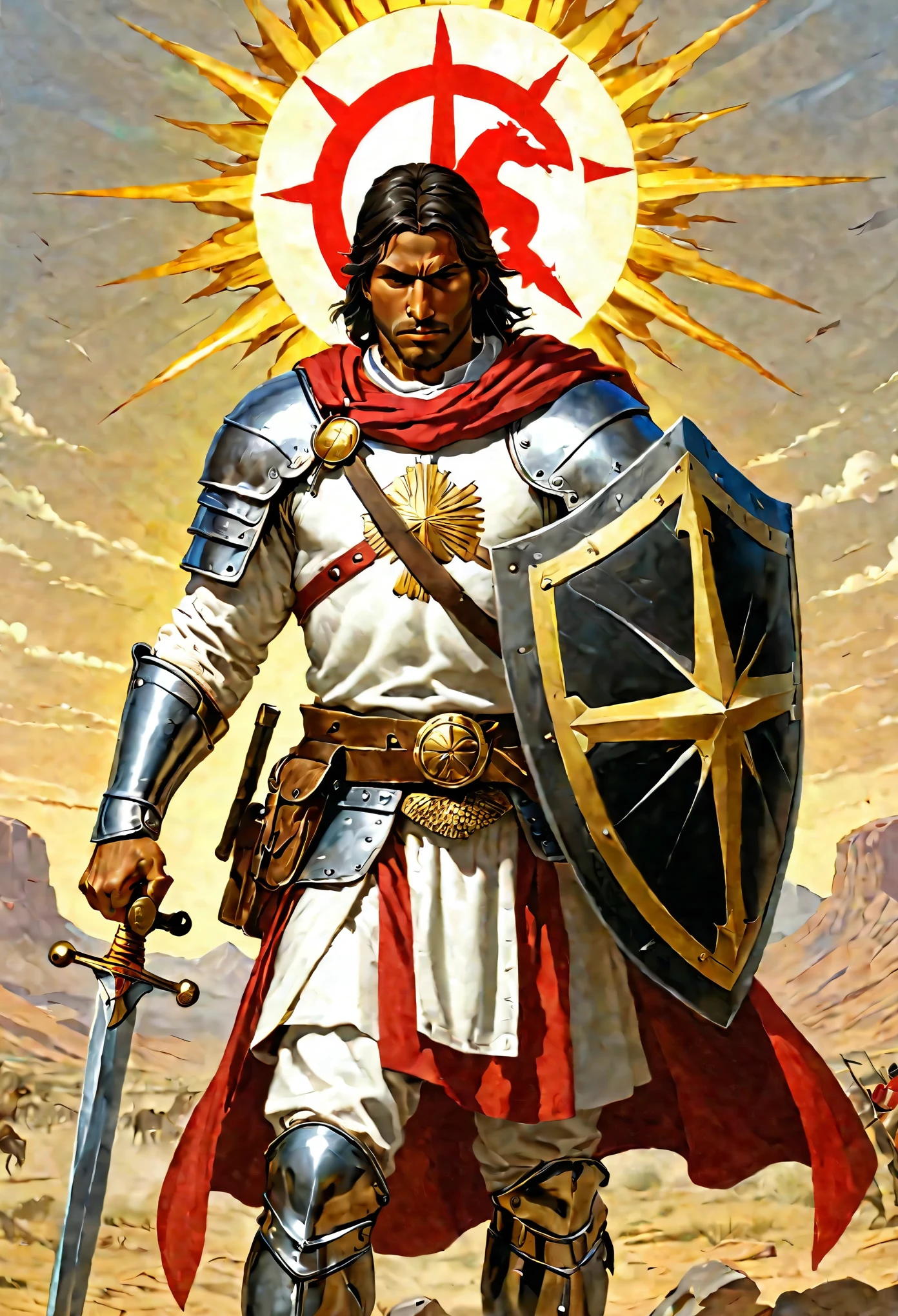 "Un guerrero templario con largos cabellos negros y facciones masculinas perfectas, se encuentra arrodillado en un campo de batalla. Con mirada determinada, He firmly holds his shield and sword characteristic of the order, highlighting his bravery and skill amidst the chaos of battle. El sol brilla sobre su armadura plateada, resaltando su imponente figura mientras se prepara para enfrentar a sus enemigos en el fragor de la guerra."