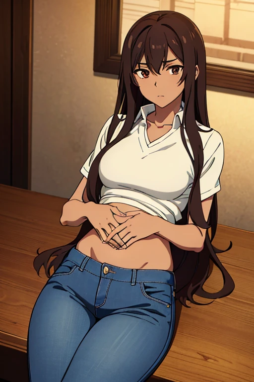 ((best quality)), ((masterpiece)), (detailed), perfect face, brown skin anime girl in a V Neck collared backless shirt, (jeans trousers), famished in hunger, (gently resting hands on stomach), (long hair), (hands on her stomach)