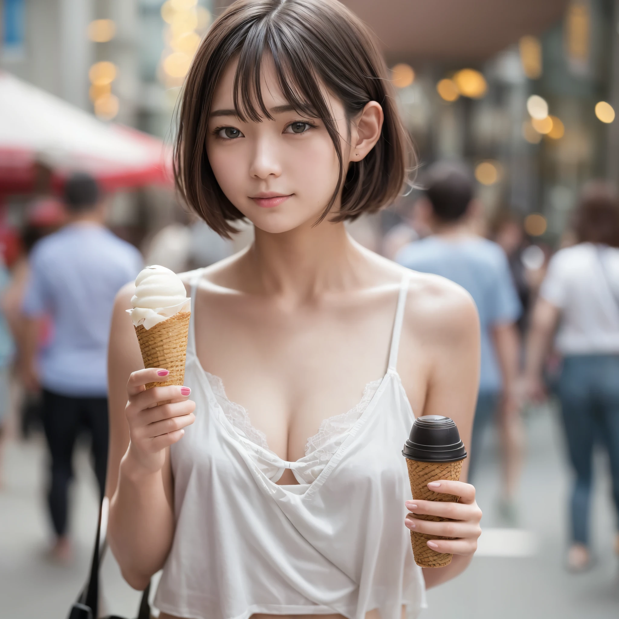 short hair, light gray hair, messy bangs, firm butt, small breasts, thin tight white mini dress, eating ice cream on a hot sunny day