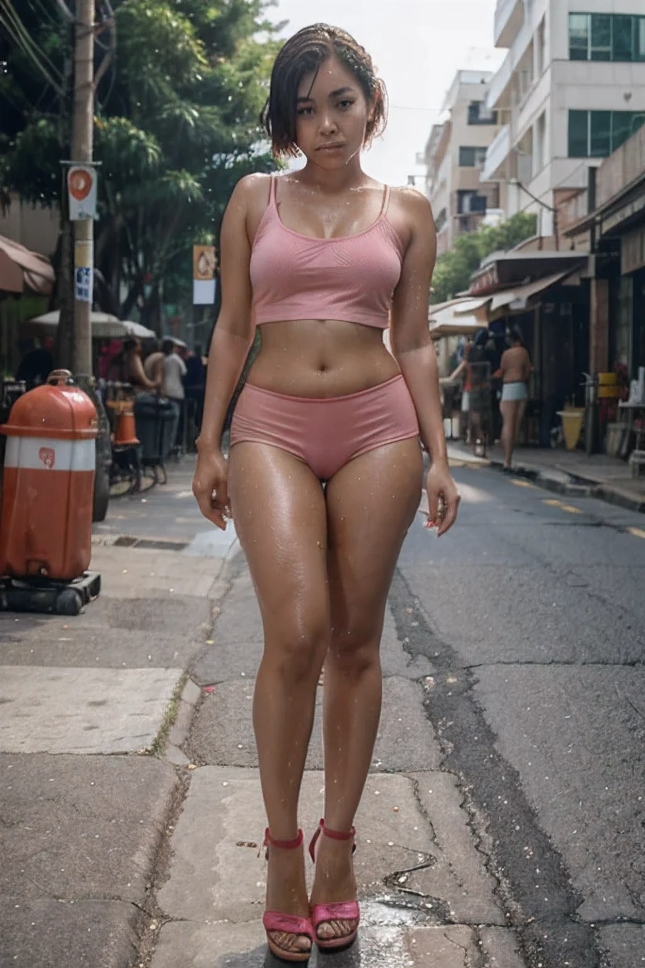 Full body, hot sun, 44⁰ Thai woman sexy with a curvy body, short hair, pretty, cute, tired face. She is wearing pink short camisole and wearing red heels, standing and pour water from a plastic cup over your head, wet face, body, and clothes. Background at street view distorted by heat, best quality.