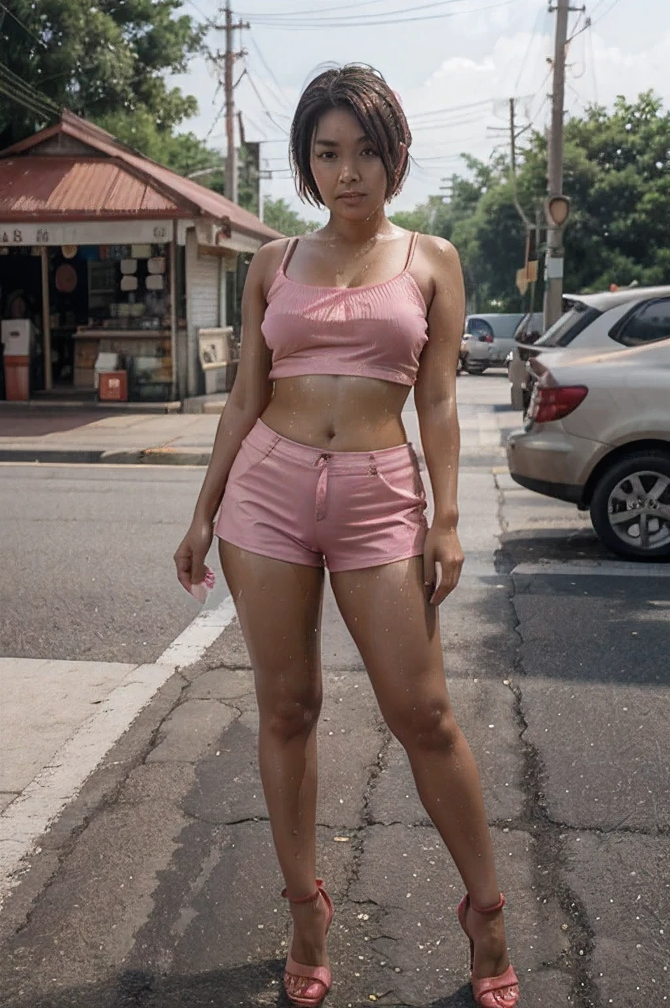 Full body, hot sun, 44⁰ Thai woman sexy with a curvy body, short hair, pretty, cute, tired face. She is wearing pink short camisole and wearing red heels, standing and pour water from a plastic cup over your head, wet face, body, and clothes. Background at street view distorted by heat, best quality.