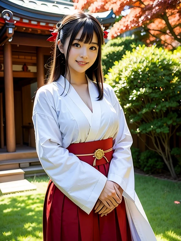 shrine maiden、Crimson too、shrine maiden装束、ceremony、shrine、within the territory、Long Hair、beautiful girl、Clear Skin、Oracle、The chest is slightly open、cowboy shot,shrine maiden outfit,red skirt,smile、