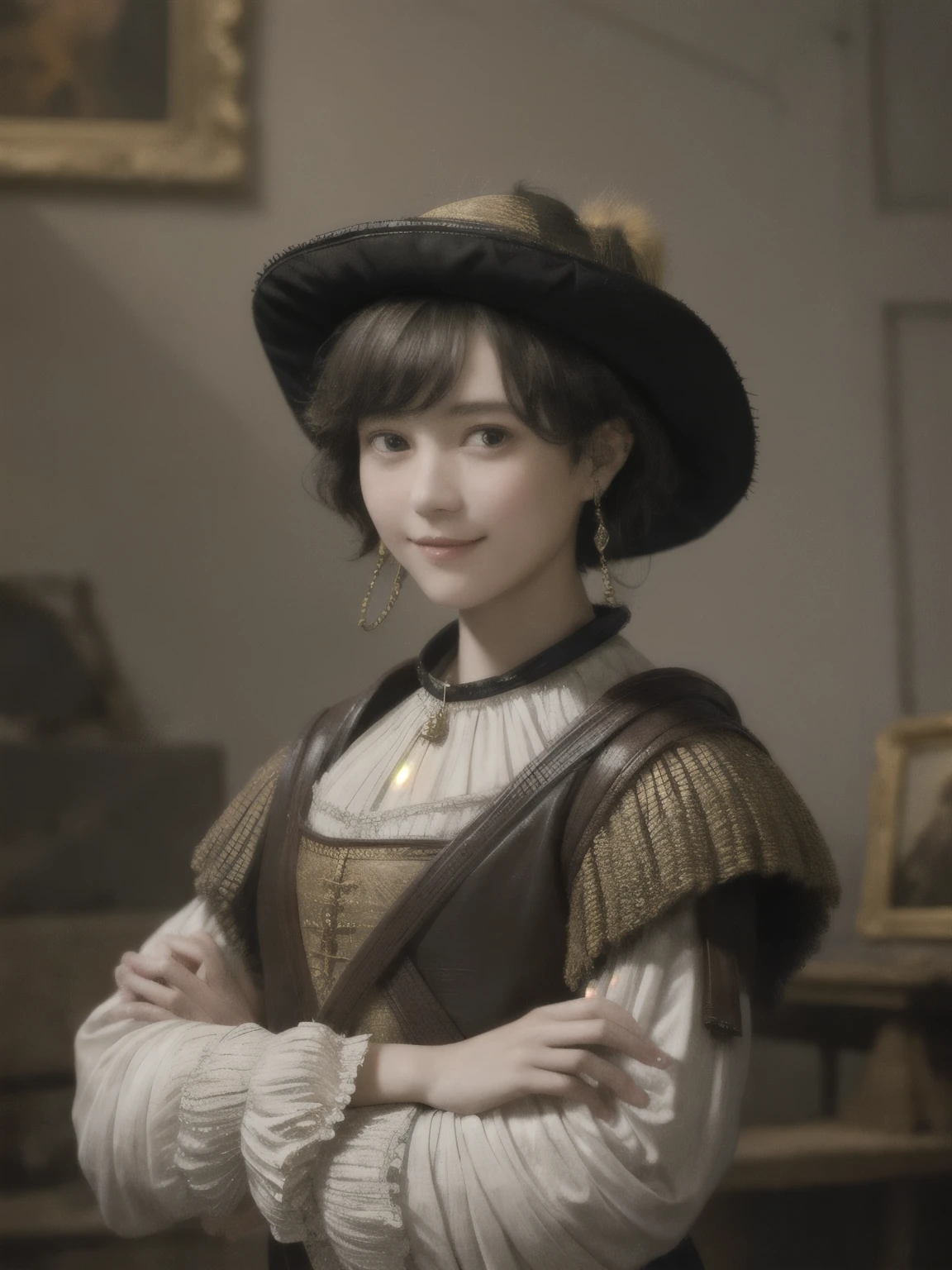 221 Short Hair, 20-year-old woman, A kind smile, (Luxurious stables), (Rembrandt-style painting), (Focus on the face, Written boundary depth)