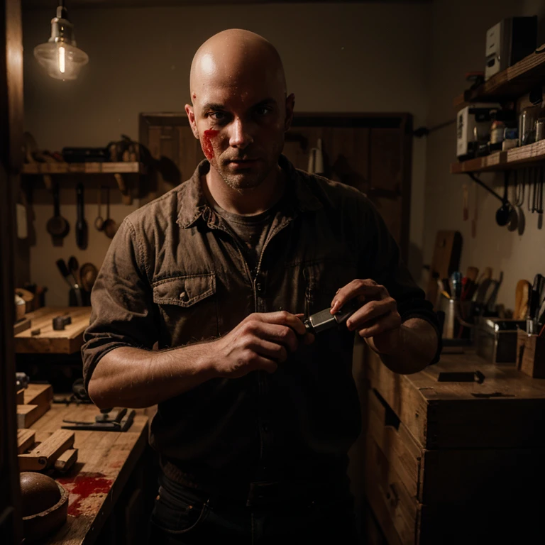 Young adult, 35 years old, bald carpenter with his drill in his hands, covered in blood, dark and suspenseful scene