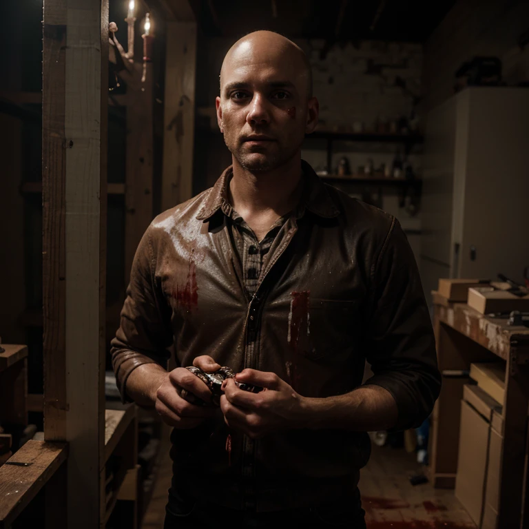 Young adult, 35 years old, bald carpenter with his drill in his hands, covered in blood, dark and suspenseful scene