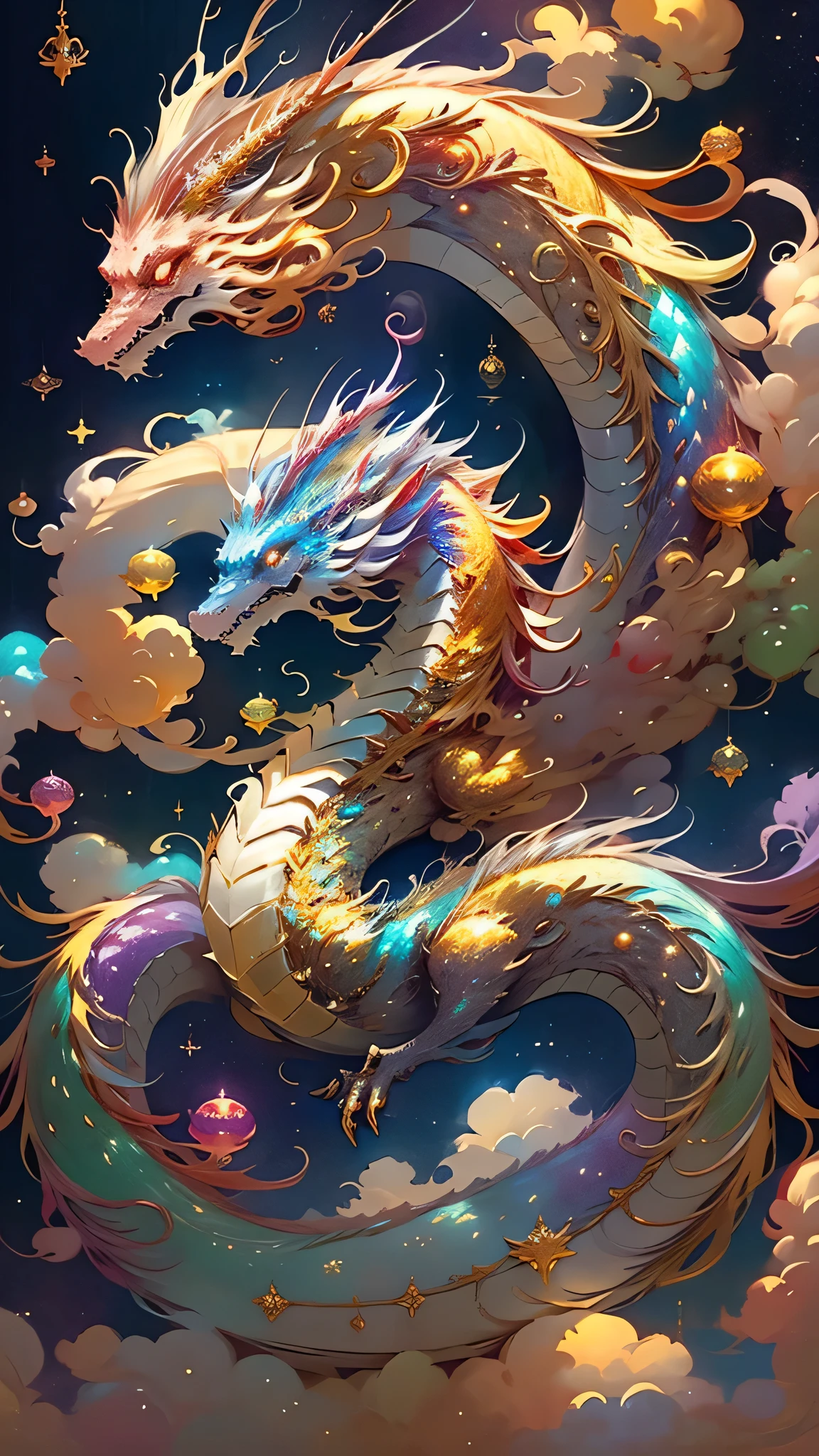 Golden Dragon。Rainbow glowing scales。The dragon god is coming。Golden Splash、milky way、god々々right、Staring straight ahead、Redbeard、9One head、Facing forward