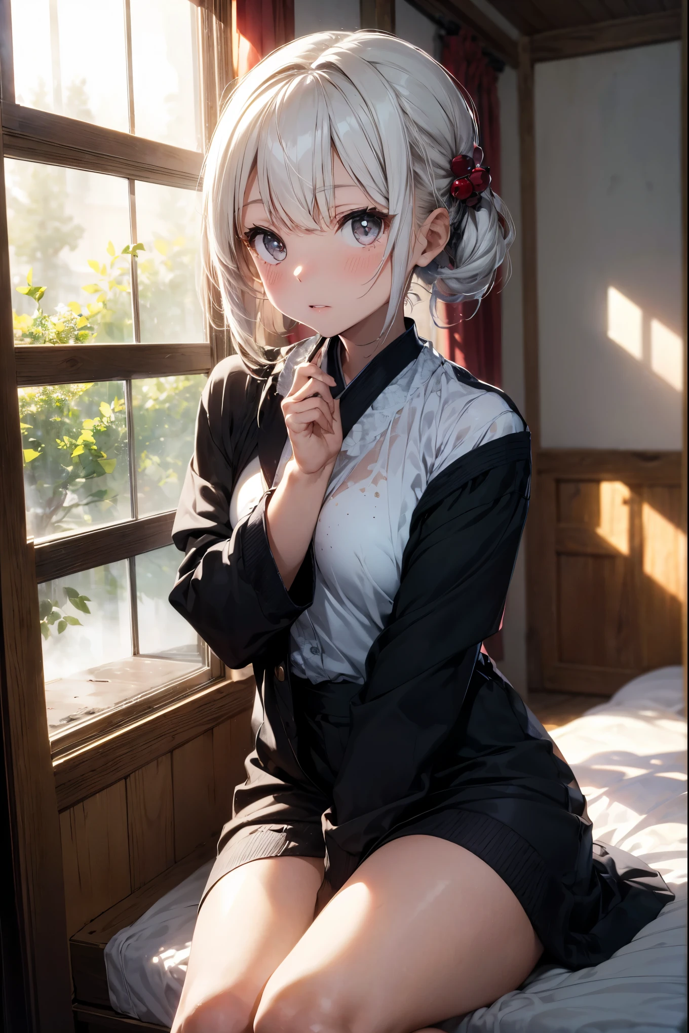 Short milky white hair,yellow eyes,lovely expression,a shy expression, Japanese uniform top,Red fluffy skirt,blackstockings,Lie down on the soft bed,tilt your head,baki,Open your little mouth