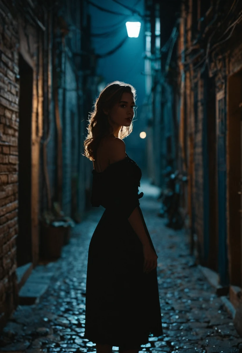 In a legendary haunted alley, a woman dressed in vintage clothing seems to be waiting for something. The colors are mainly composed of dark alleys and bright colors of women's clothing, with light and shadow creating a mysterious atmosphere. The details are reflected in the expressions of women and the surrounding ancient buildings.