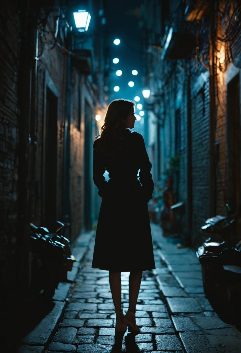 In a legendary haunted alley, a woman dressed in vintage clothing seems to be waiting for something. The colors are mainly composed of dark alleys and bright colors of women's clothing, with light and shadow creating a mysterious atmosphere. The details are reflected in the expressions of women and the surrounding ancient buildings.