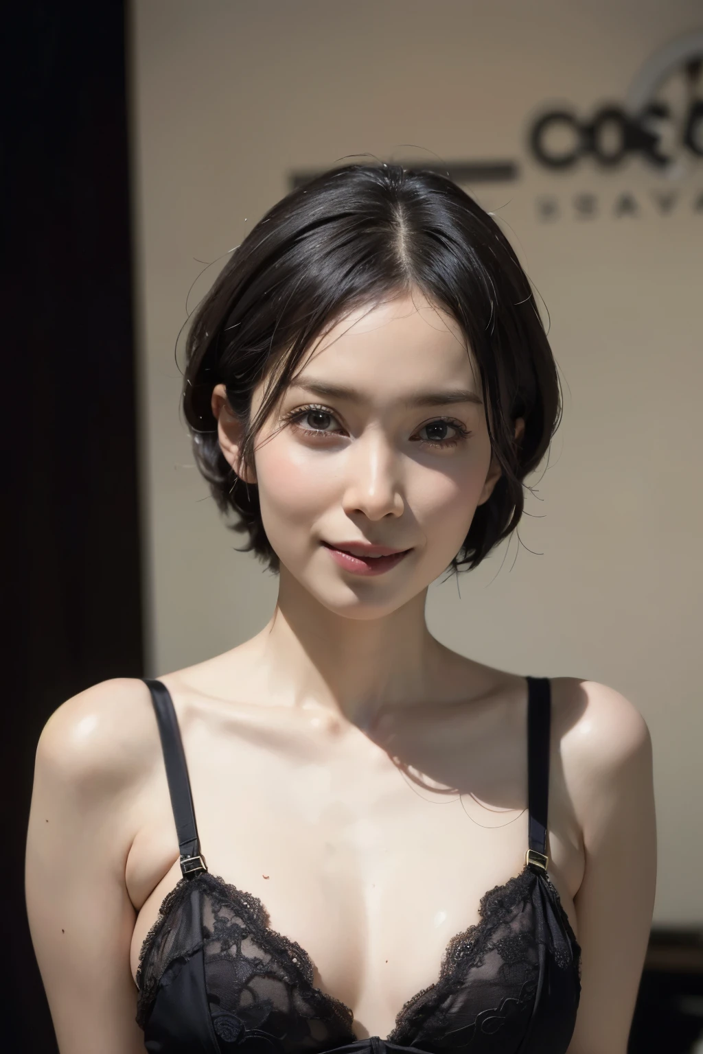 (masterpiece:1.3), (8k, photorealistic, RAW photo, best quality: 1.4), (1girl), beautiful face, (realistic face), (black hair, short hair:1.3), beautiful hairstyle, realistic eyes, beautiful detailed eyes, (realistic skin), beautiful skin, absurdres, attractive, ultra high res, ultra realistic, highly detailed, golden ratio, smile,  (full body:1.3), (Height: 163cm, Weight 50kg), (bust size 80cm), (Black Lace Lingerie, garter belt)