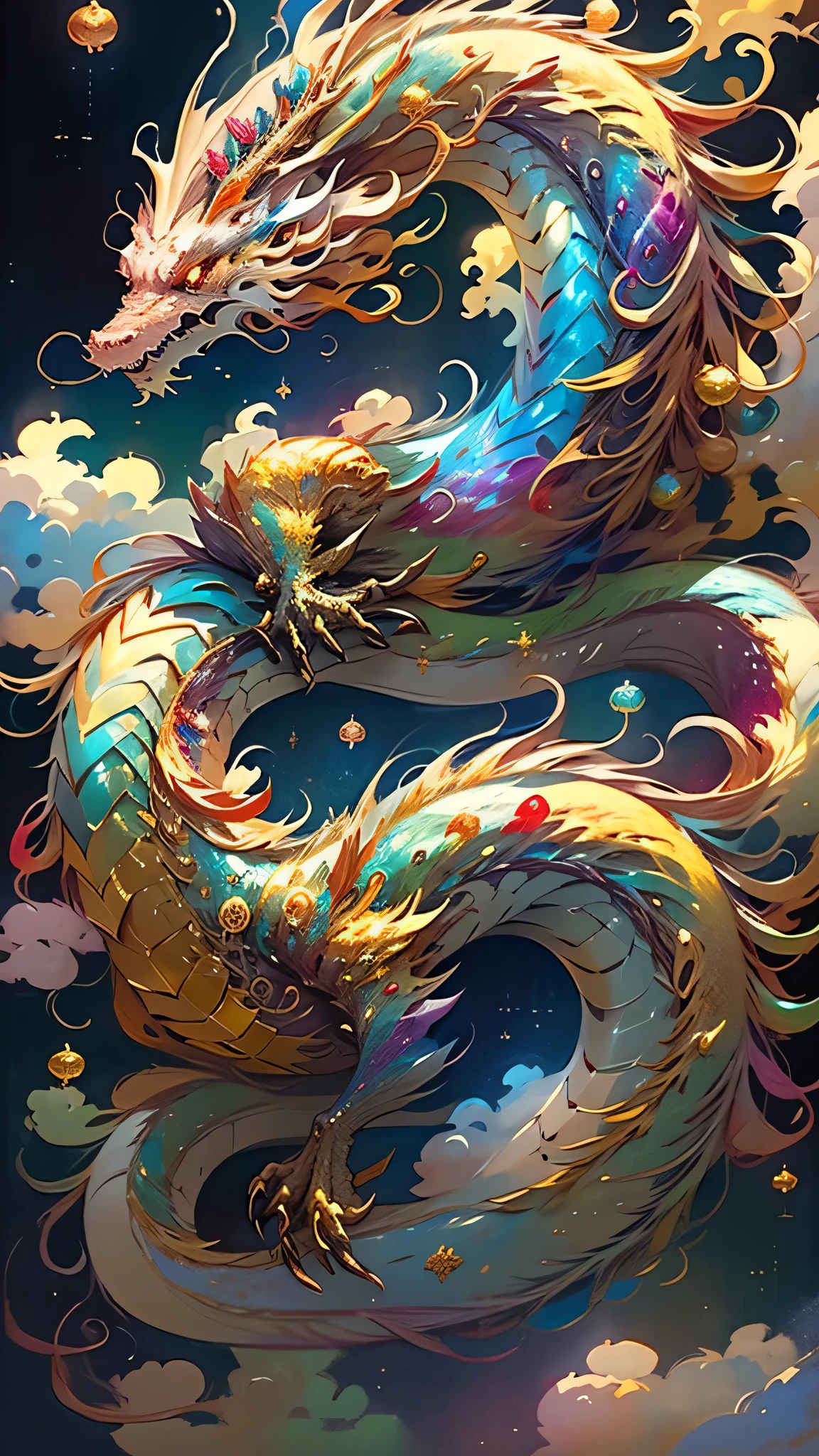 Golden Dragon。Rainbow glowing scales。The dragon god is coming。Golden Splash、milky way、god々々right、Staring straight ahead、Redbeard、9One head、Facing forward