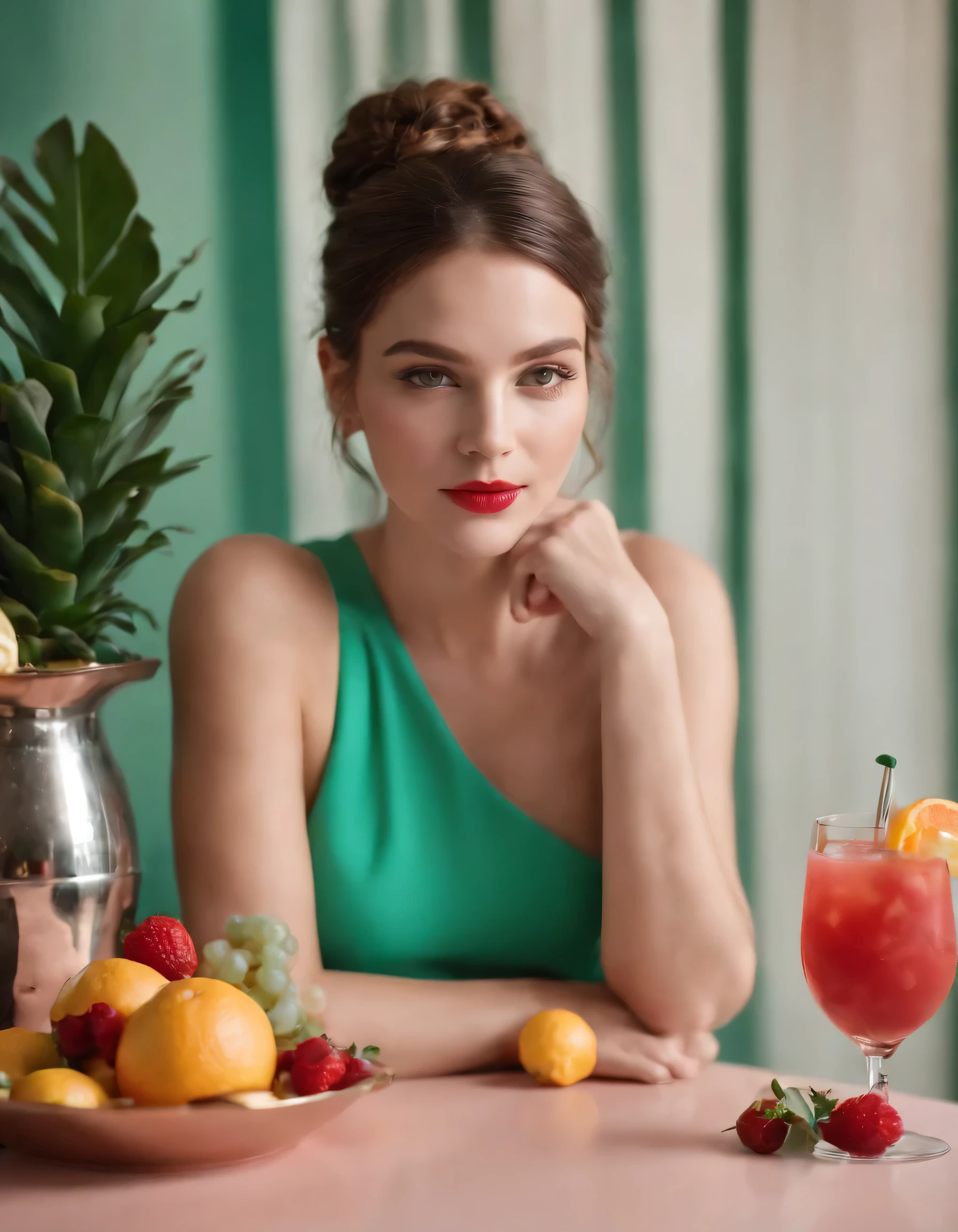 A young woman sits at a table with fruits and cocktails, styled in light red and light emerald colors, humorous image, wimmelbilder, close-up