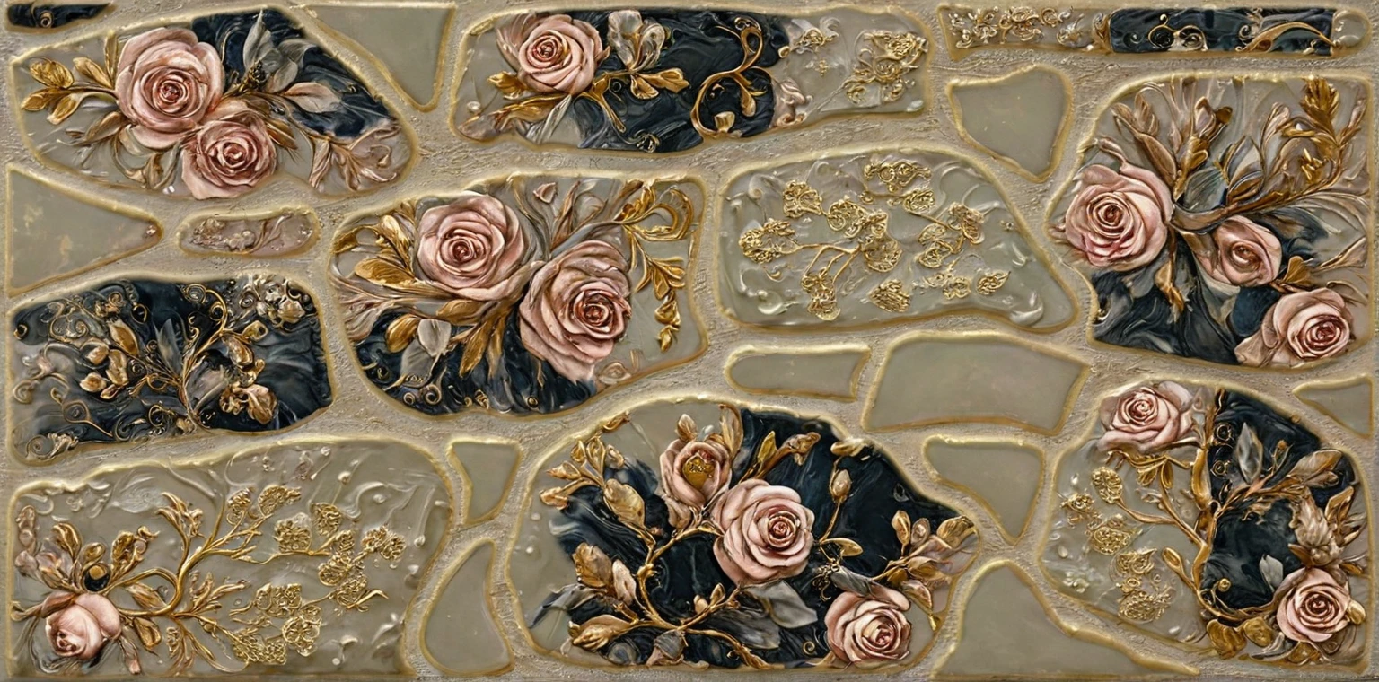 dark porcelain flowers on a table, roses, tulpes, inside swirl splashes waves, crazy geometry, masterpiece, fluid, flora, muted colors, pearl, gold, luxurious, extremely detailed