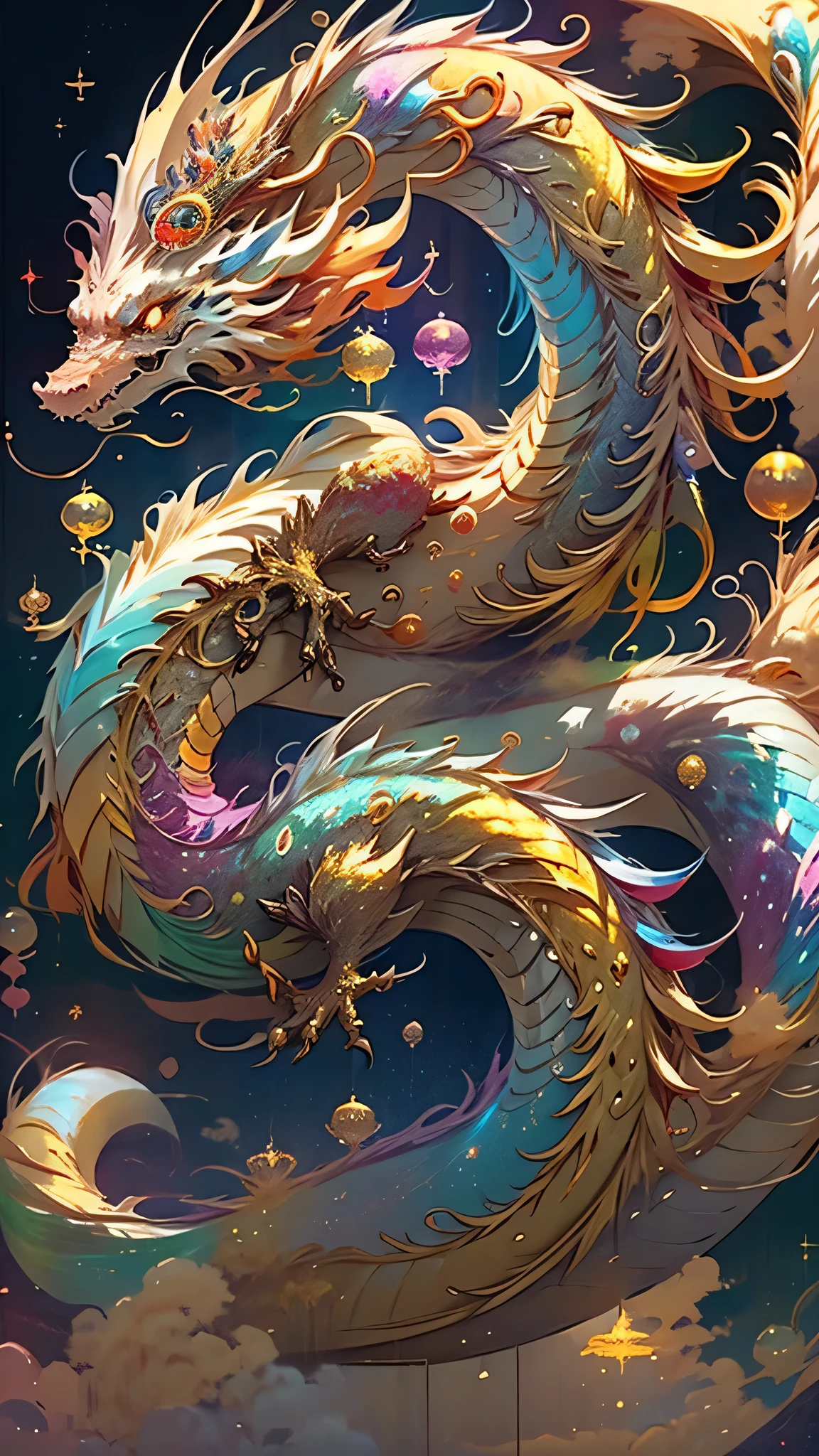 Golden Dragon。Rainbow glowing scales。The dragon god is coming。Golden Splash、milky way、god々々right、Staring straight ahead、Redbeard、9One head、Facing forward