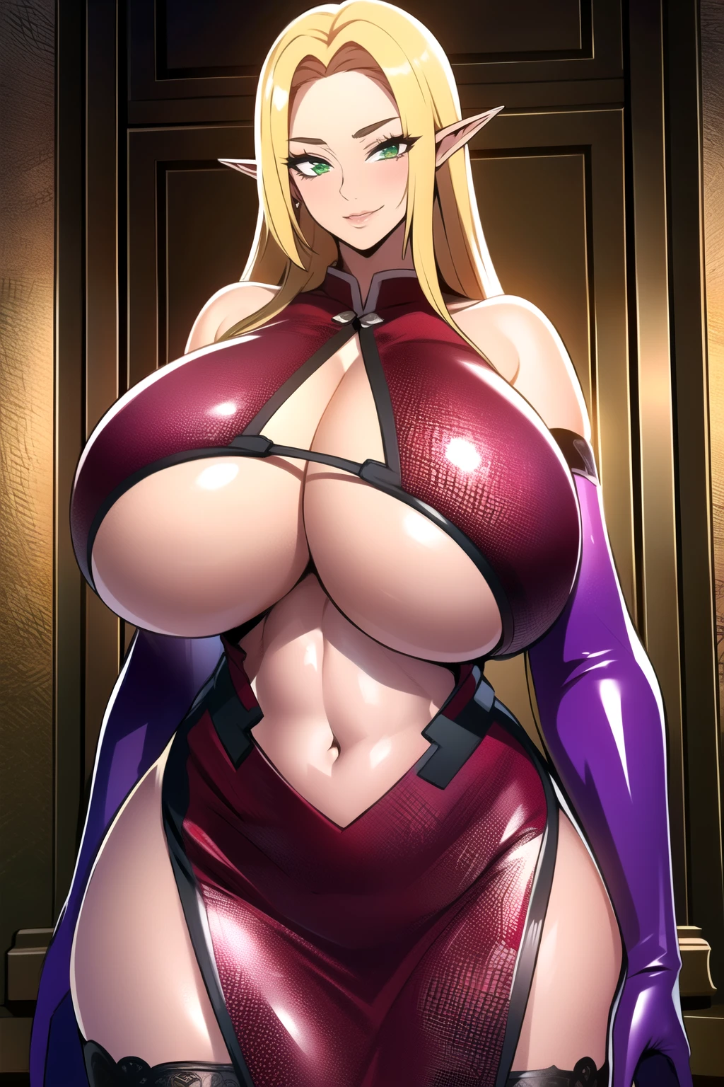 ultra realistic 8k cg, masterpiece, ((ultra detailed background,  intricate detail, highly detailed, fine details best quality, hyperdetailed face)), gigantic breasts ,beautiful lighting, absurdres, BoaHancockV2,  1girl, solo, blonde hair, long hair, jewelry, closed mouth, ), cleavage, (chinese dress : 1.1), (underboob : 1.4), elbow gloves, thigh boots, miniskirt, bare shoulders,, bare shoulders, curvy, midriff, curvy, thighs, shiny clothes), green eyes, complex detailed background, indoor, palace), ((cowboy shot)), curvy, (gigantic breasts: 1.4), seductive smile, cowboy shot, long elf ears