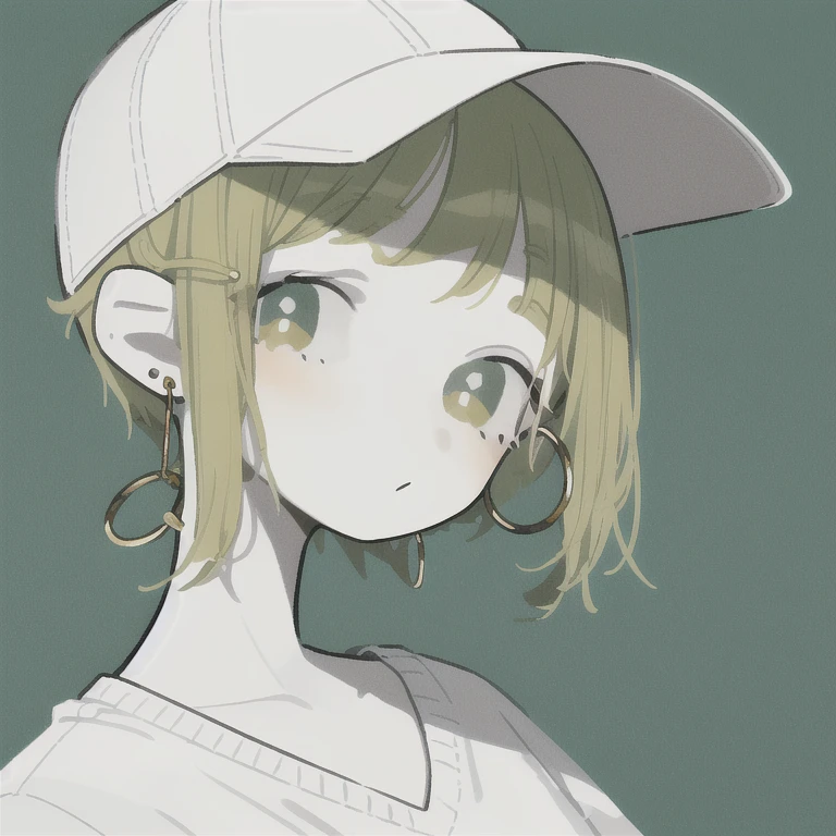 masterpiece, highest quality, One girl, Aqua Eye, Baseball cap, Blonde,  Earrings, Green background, Have, hoop Earrings, jewelry, View your viewers, shirt, short hair, Simple Background, alone, Upper Body, yellow shirt