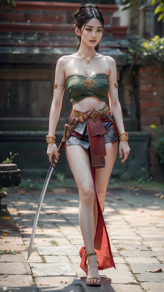 (raw photos:1.2), (realistic:1.4), (Masterpiece:1.3), (best quality:1.4), Ultra high resolution, (Detailed eyes), (Detailed facial features), (Detailed clothing features), HDR, 8K resolution, Focus only, Dressing according to Thai tradition, Strapless, Thai female warrior, Tabengman, wearing a loincloth, 1 woman , big breasts, A gigantic rift, big breastsดันเสื้อผ้า, big breast, The breasts are fully grown.., Make your breasts bigger.., small waist, Long legs, Facing the audience, Full body, depth of field, Cinema-grade lighting system, big breast, Breast augmentation, 400CC, Your breasts are too big for your body., Revealing a flat stomach, stand, walk, run, Image from a very low angle, holding an ancient sword, battlefield, fight