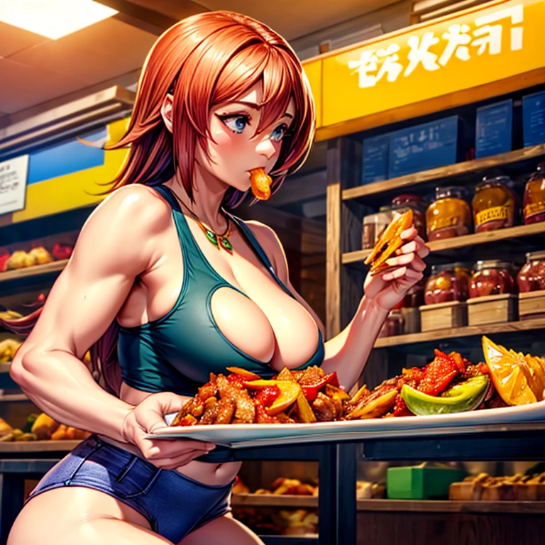 A woman in a tight tank top and tight hot pants eating ajillo at a Spanish food stall　highest quality　