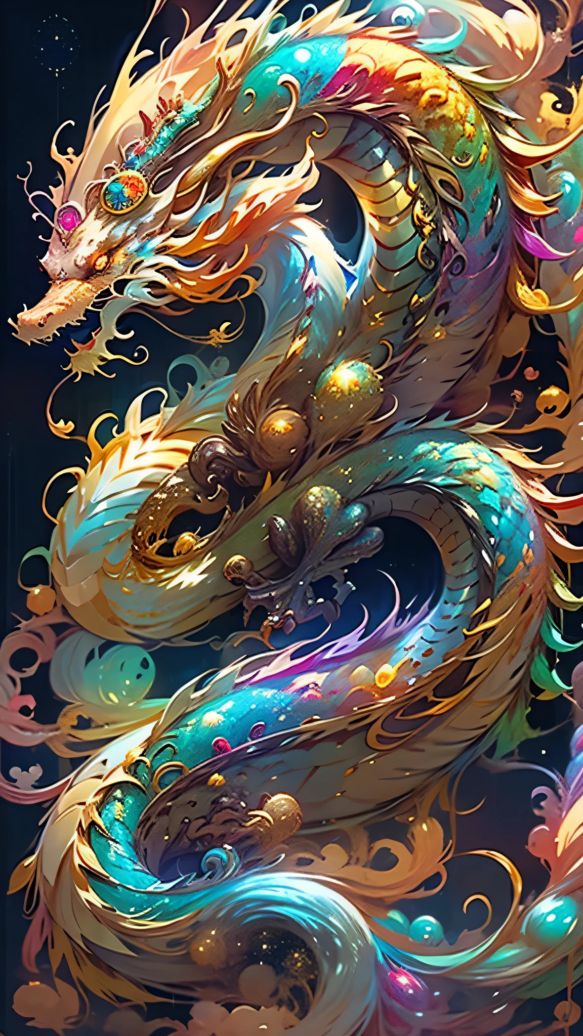 Golden Dragon。Rainbow glowing scales。The dragon god is coming。Golden Splash、milky way、god々々right、Staring straight ahead、Redbeard、9One head、Facing forward