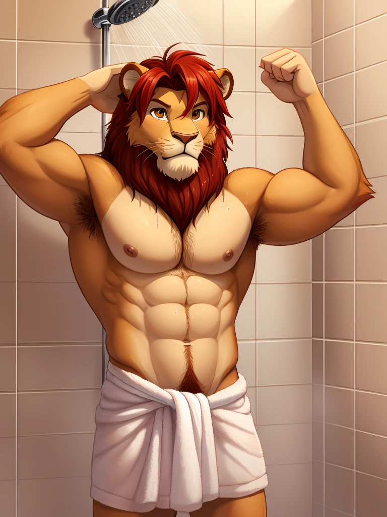 simba, a furry lion, furry, shirtless, muscular, male, masculine, red hair, yellowish fur, brown eyes, hands up , red hairy armpits, cartoony, illustration, sharp focus, soft colours, medium length hair, two blogs haircut, younger guy, topless, big pecs, alone, single, pastel colours, smooth lining, shower, looking sideway, towel around waist, showering, bubbles, holding soap, wet, wet hair