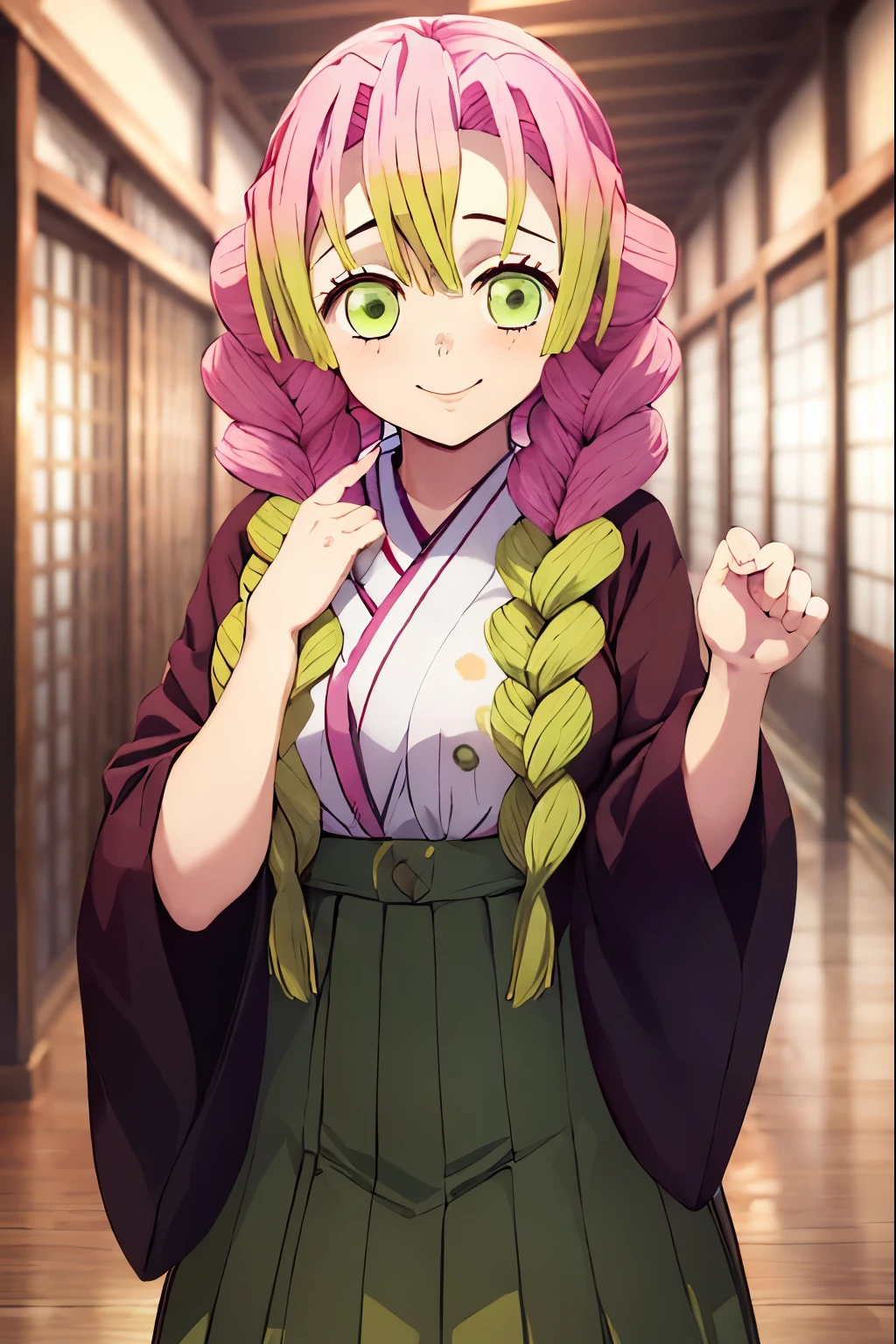 1girl, alone,mitsuri kanroji, large breasts, upper body, haori, bangs, 1girl,green hair, demon slayer uniform, gradient hair, solo, jacket, multicolored hair, white background, breasts,smile, green eyes, twin braids, ope mouth,>_<, pink hair, japanese clothes, long hair.portrait, looking at viewers, perfect hands, perfect anatomy