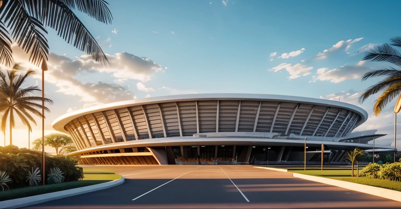 Day, stadium exterior, zaha hadid style, bionic form, curve form, metal and wood mix together, masterpicece, high quality, 8k uhd, tropical landscape