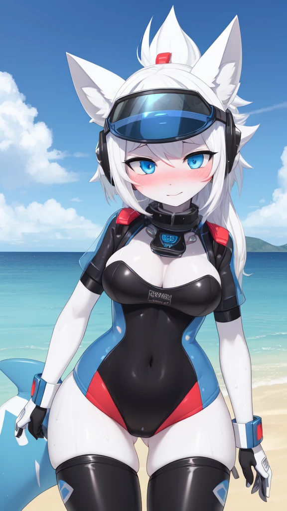 ((best quality, Masterpiece, perfect anatomy, Detailed pictures)), 1 female, arctic protogen, shark girl, Long visor, blue visor, blue eyes, sexy body, Big Pong, Bust 82, Waist 56, Thigh 83, Futuristic military black bikini clothing, Shark tail, The body is sexually aroused., wet, blushing, red red, shy, in the sea, front view